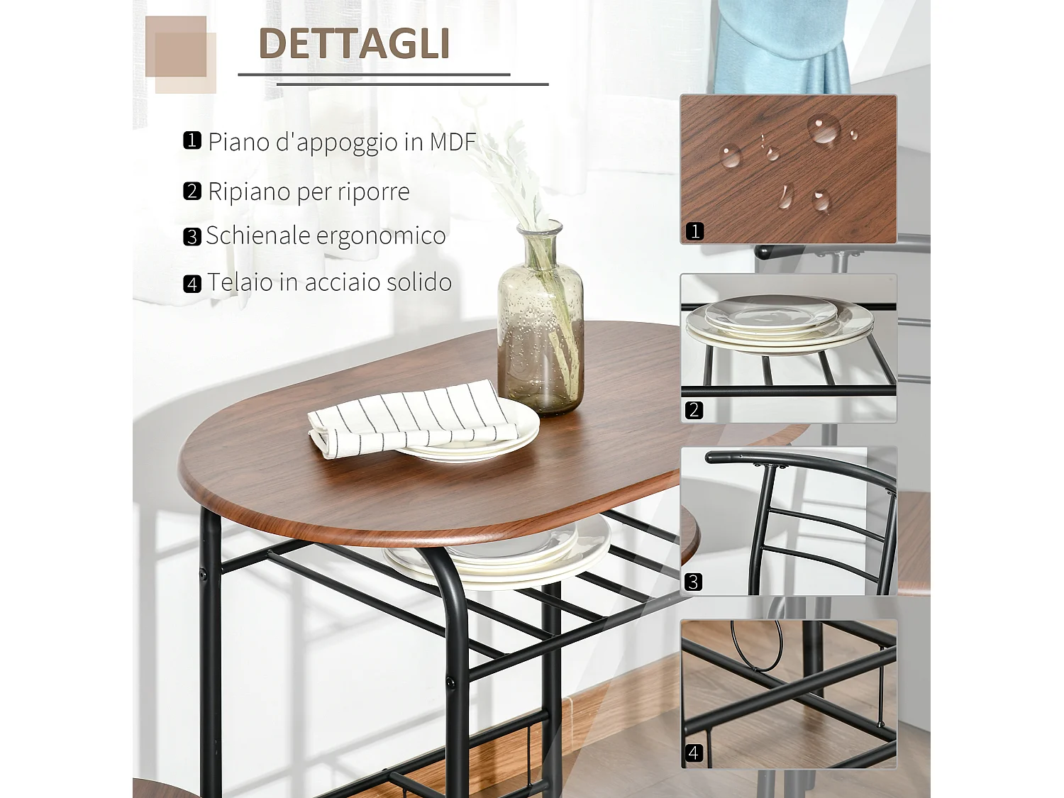 Set 3 pezzi mobili da bar con 2 sedie 49x43x75 cm e Tavolo 80x52x76 cm