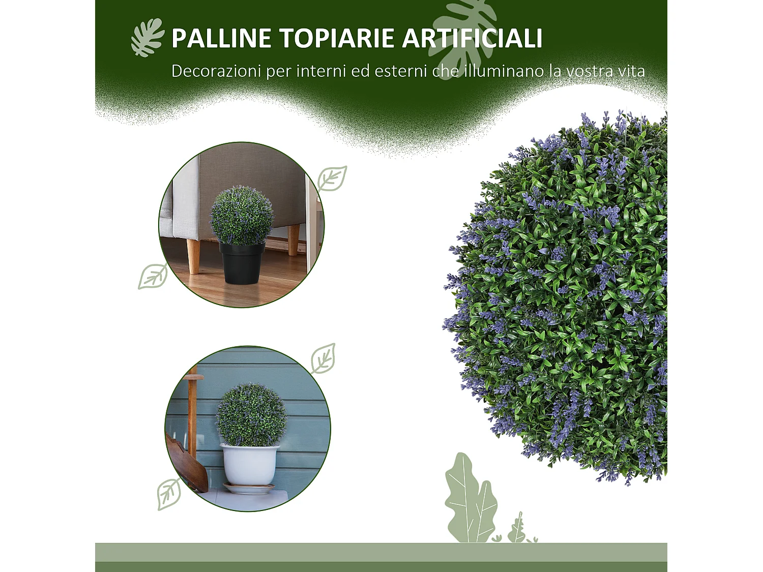 Set 2 piante artificiali a sfera con fiori di lavanda Ø42cm