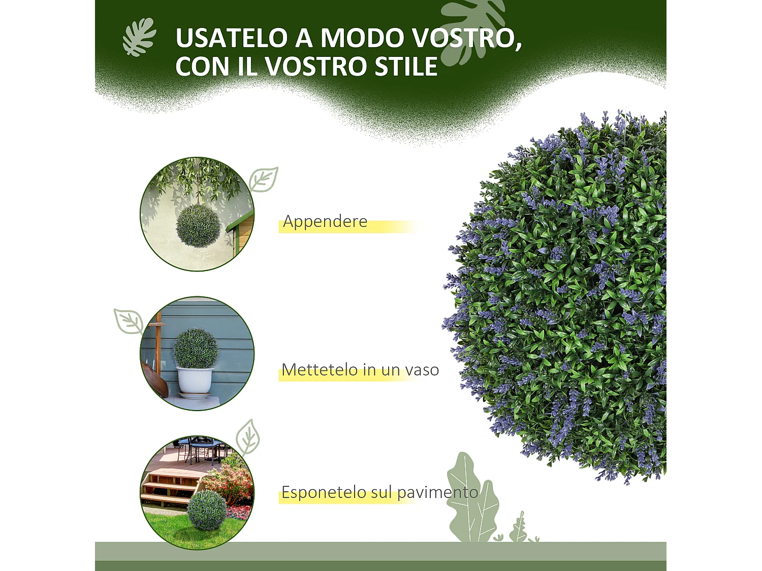 Set 2 piante artificiali a sfera con fiori di lavanda Ø42cm