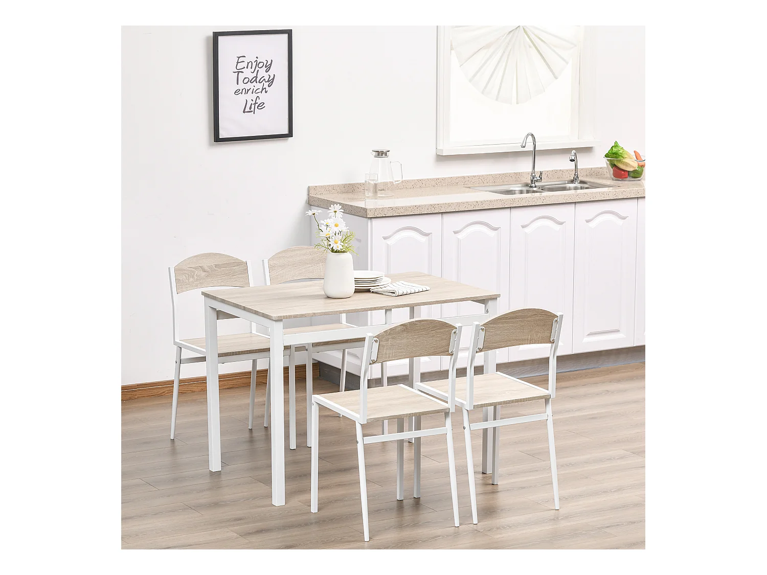 Set da Pranzo Tavolino e 4 Sedie in Metallo e MDF Legno Bianco