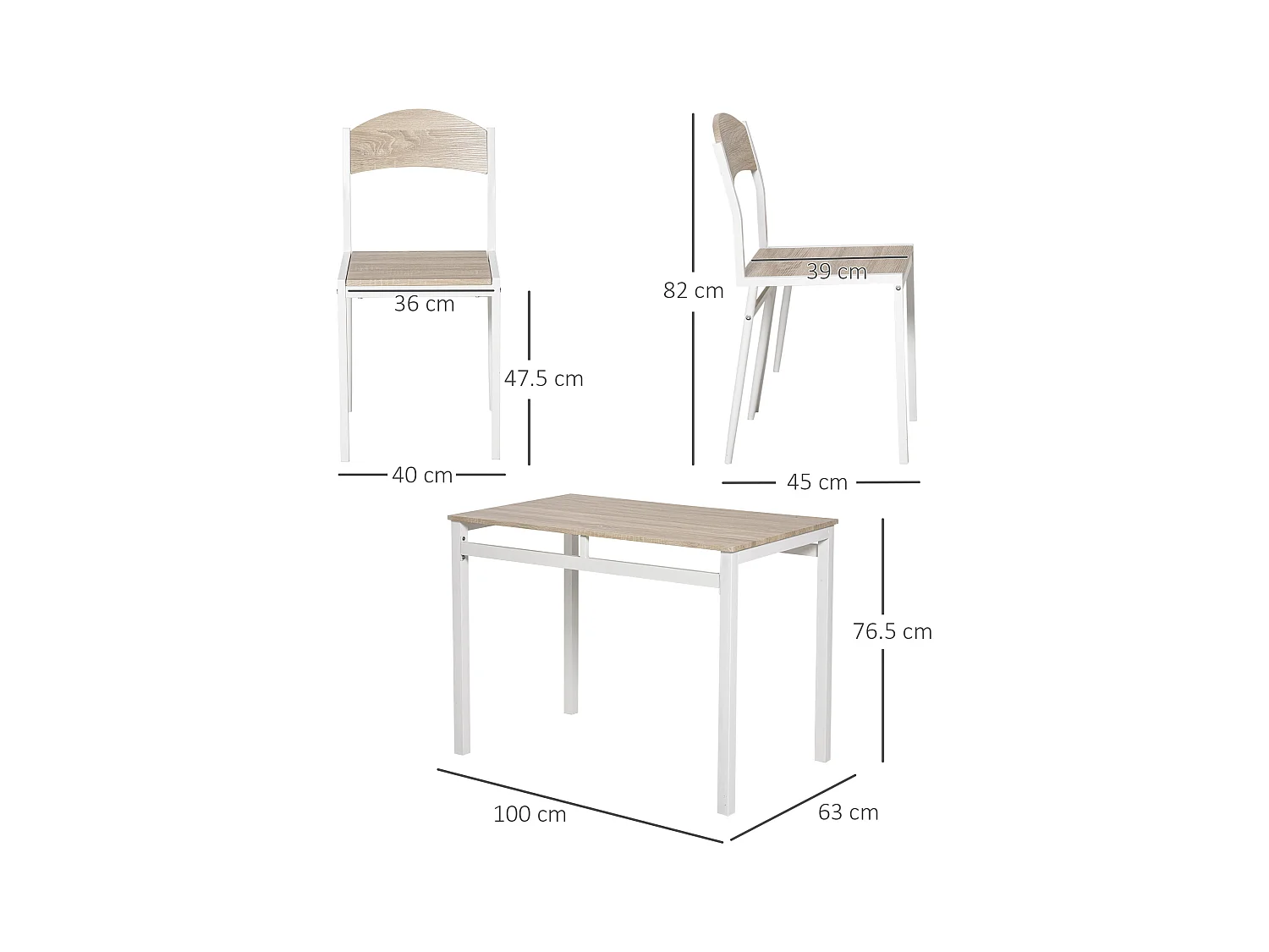 Set da Pranzo Tavolino e 4 Sedie in Metallo e MDF Legno Bianco
