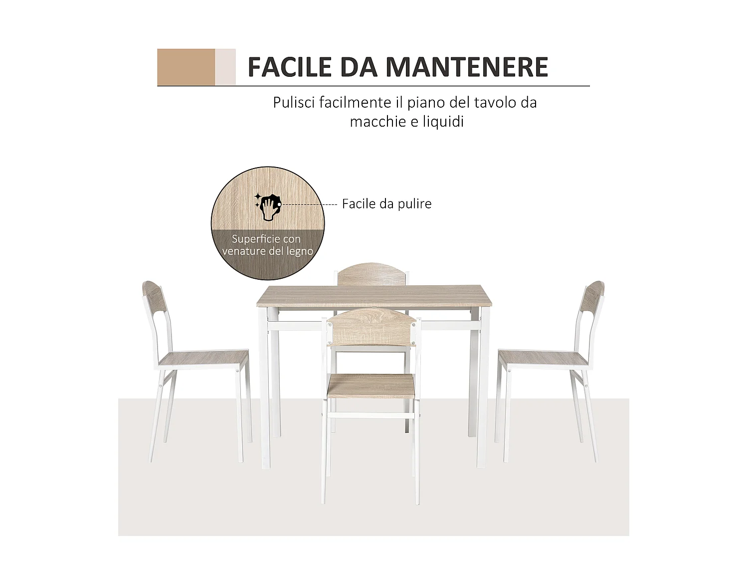 Set da Pranzo Tavolino e 4 Sedie in Metallo e MDF Legno Bianco