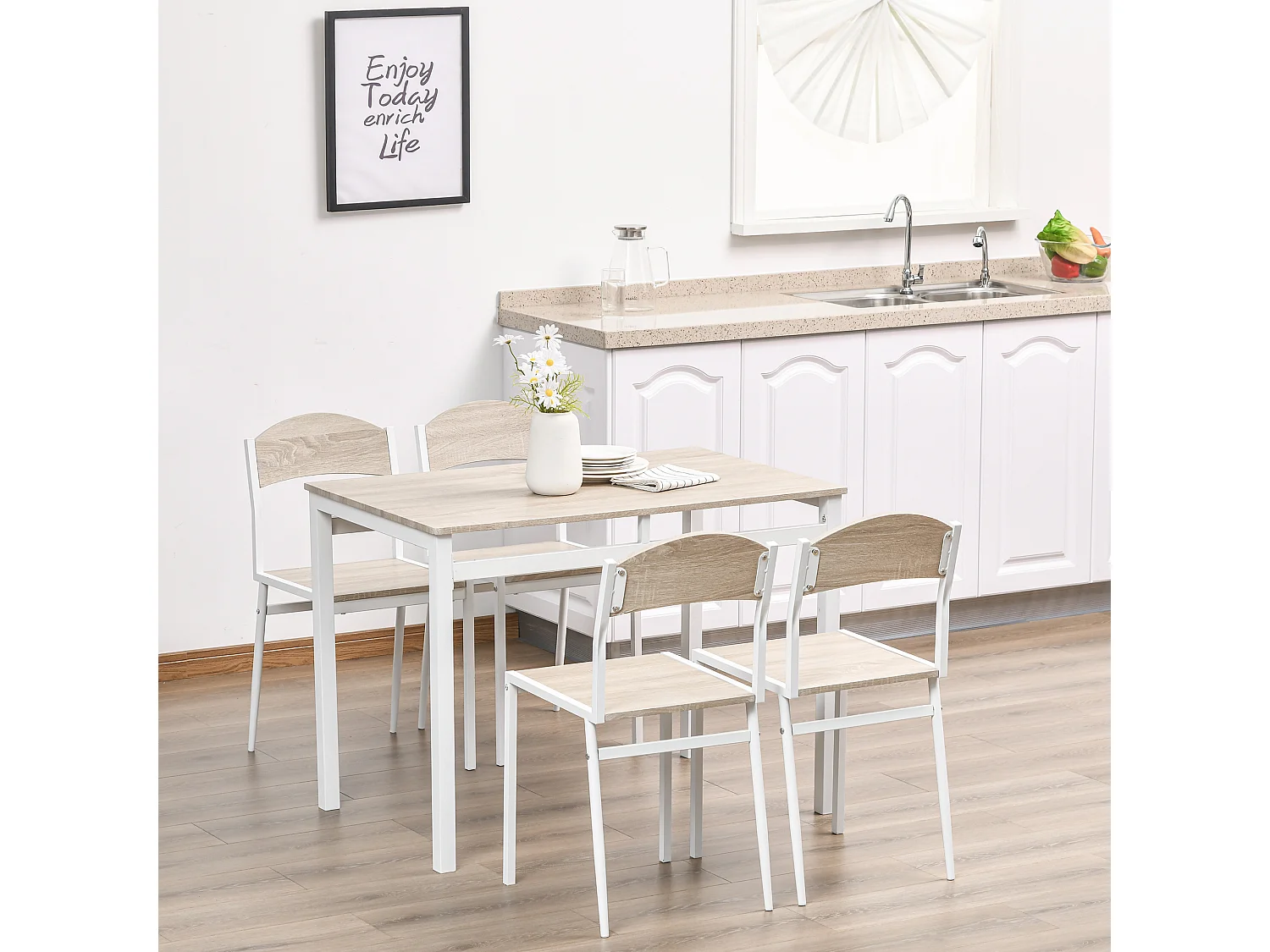 Set da Pranzo Tavolino e 4 Sedie in Metallo e MDF Legno Bianco