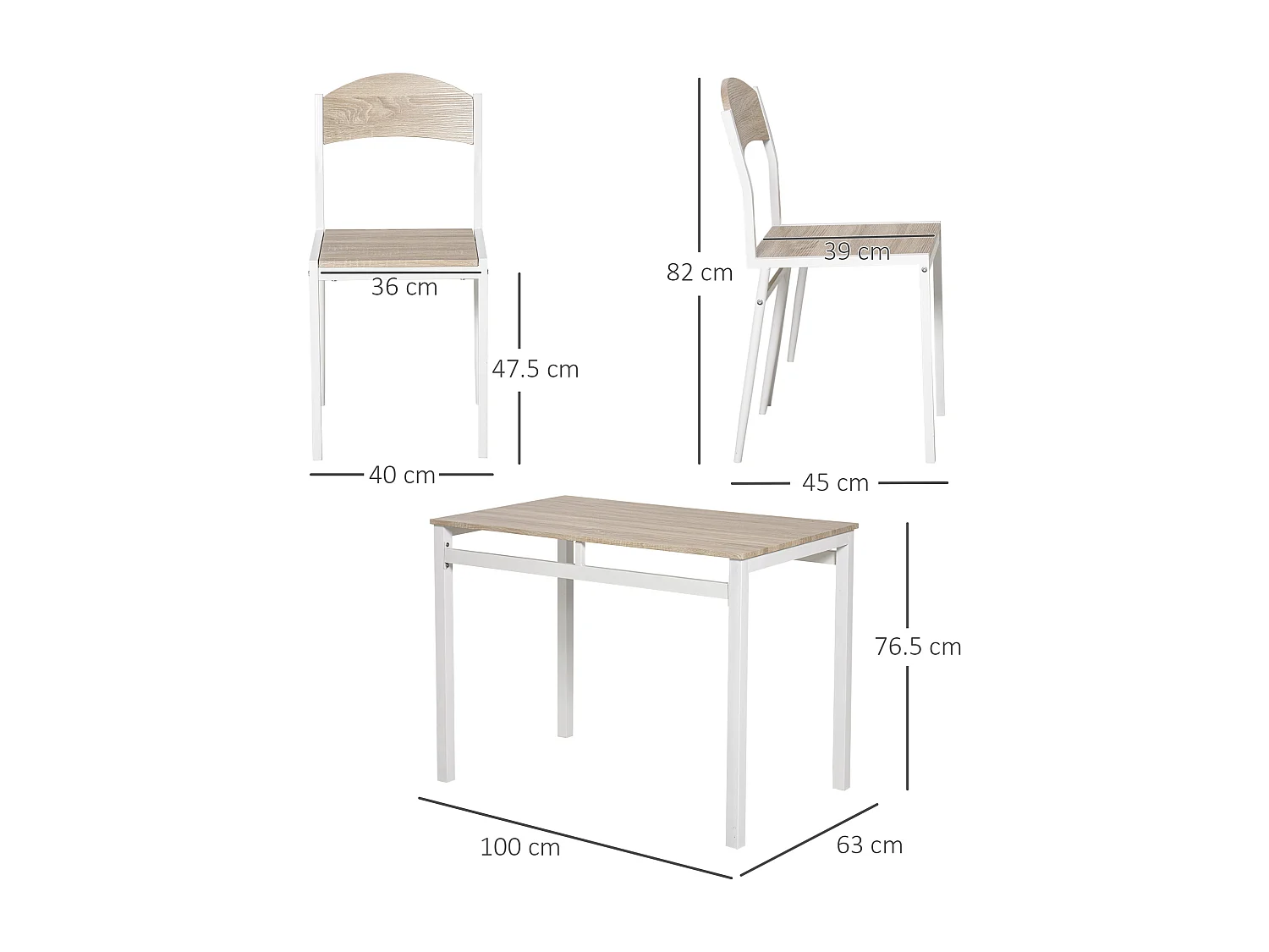 Set da Pranzo Tavolino e 4 Sedie in Metallo e MDF Legno Bianco