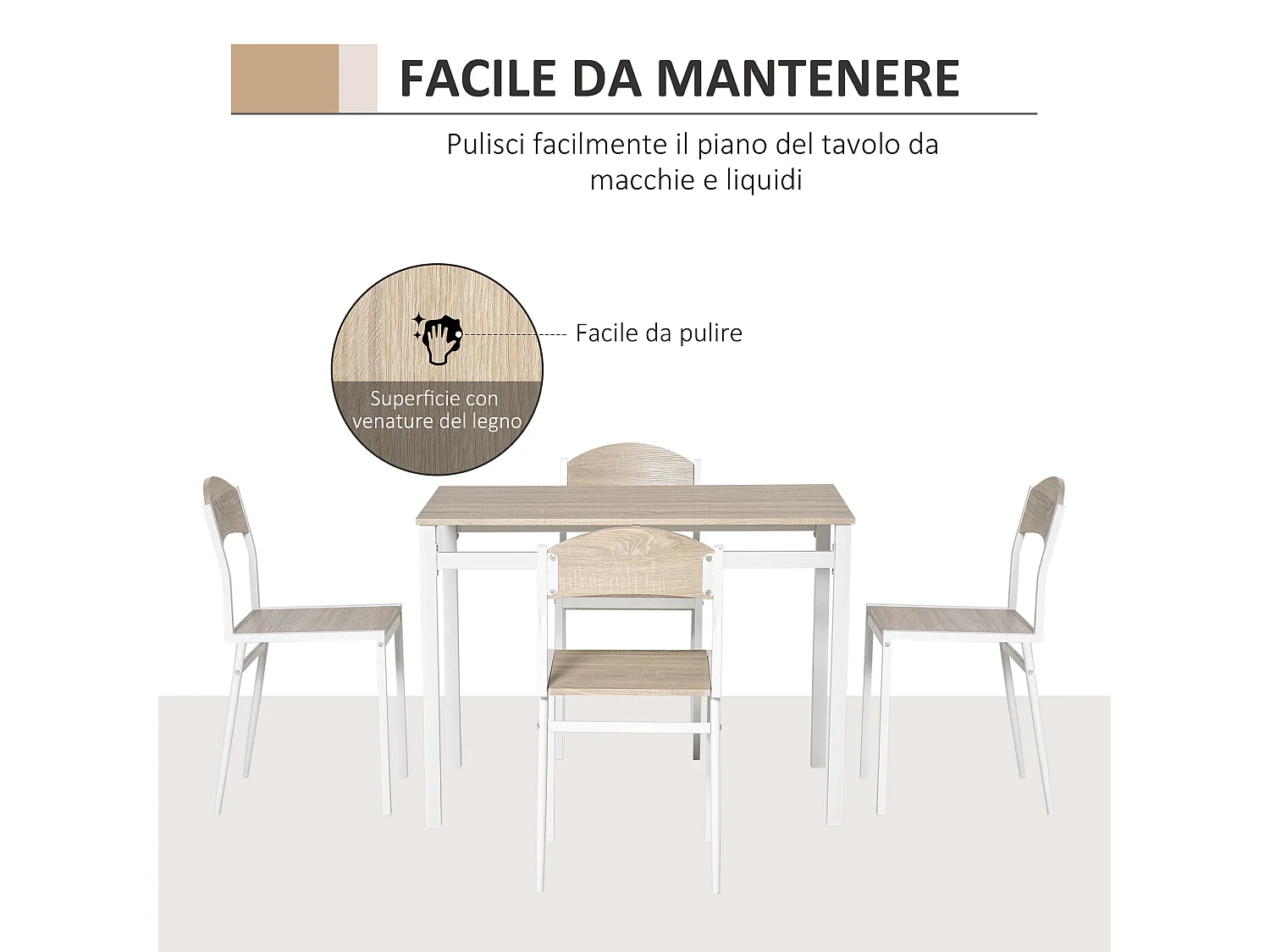 Set da Pranzo Tavolino e 4 Sedie in Metallo e MDF Legno Bianco