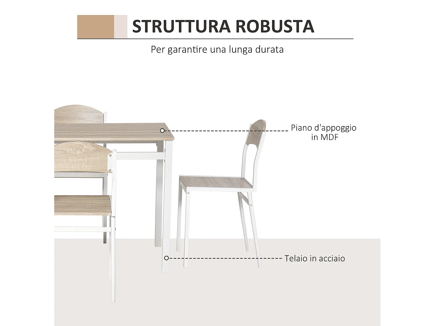 Set da Pranzo Tavolino e 4 Sedie in Metallo e MDF Legno Bianco
