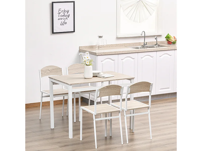 Set da Pranzo Tavolino e 4 Sedie in Metallo e MDF Legno Bianco