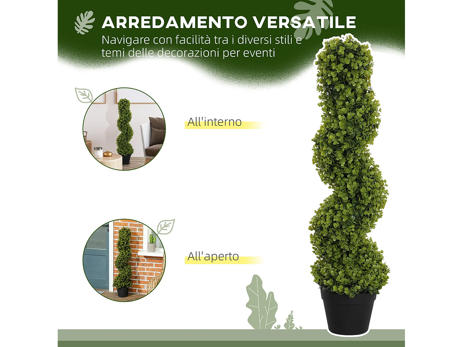 Pianta finta di eucalipto a spirale con vaso incluso alta 90 cm