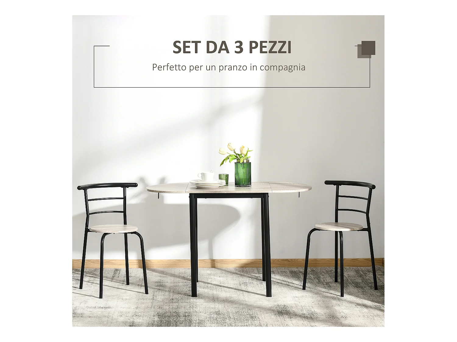 Set 3 pezzi con 2 sedie e 1 tavolo da pranzo in mdf e acciaio