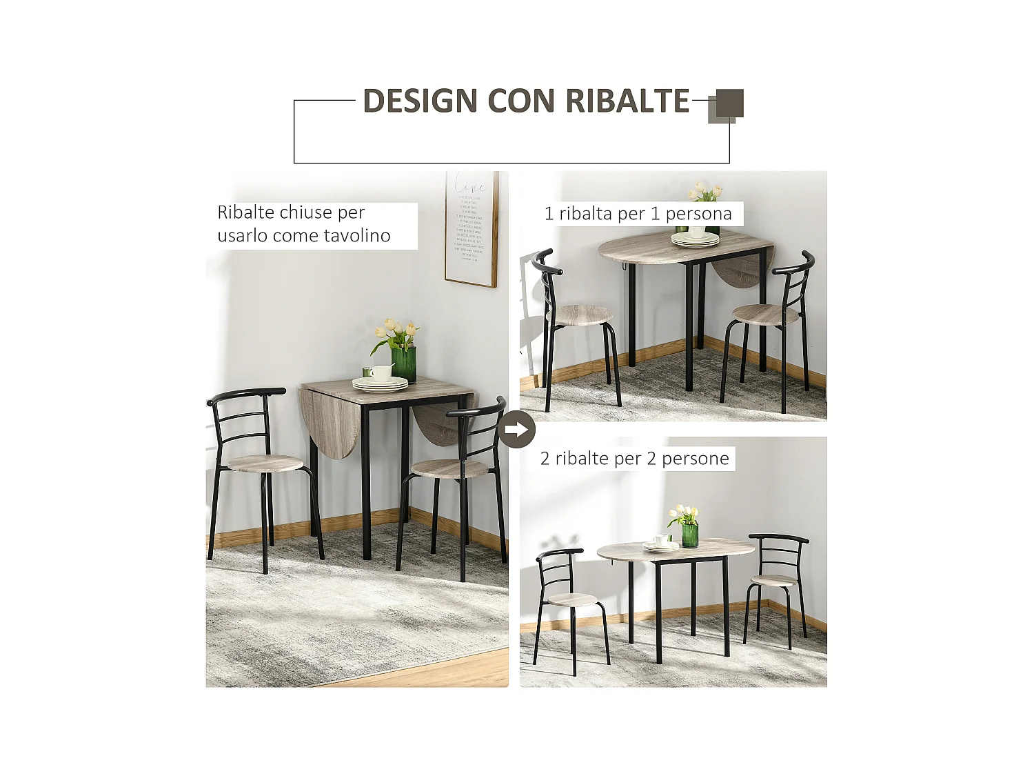 Set 3 pezzi con 2 sedie e 1 tavolo da pranzo in mdf e acciaio