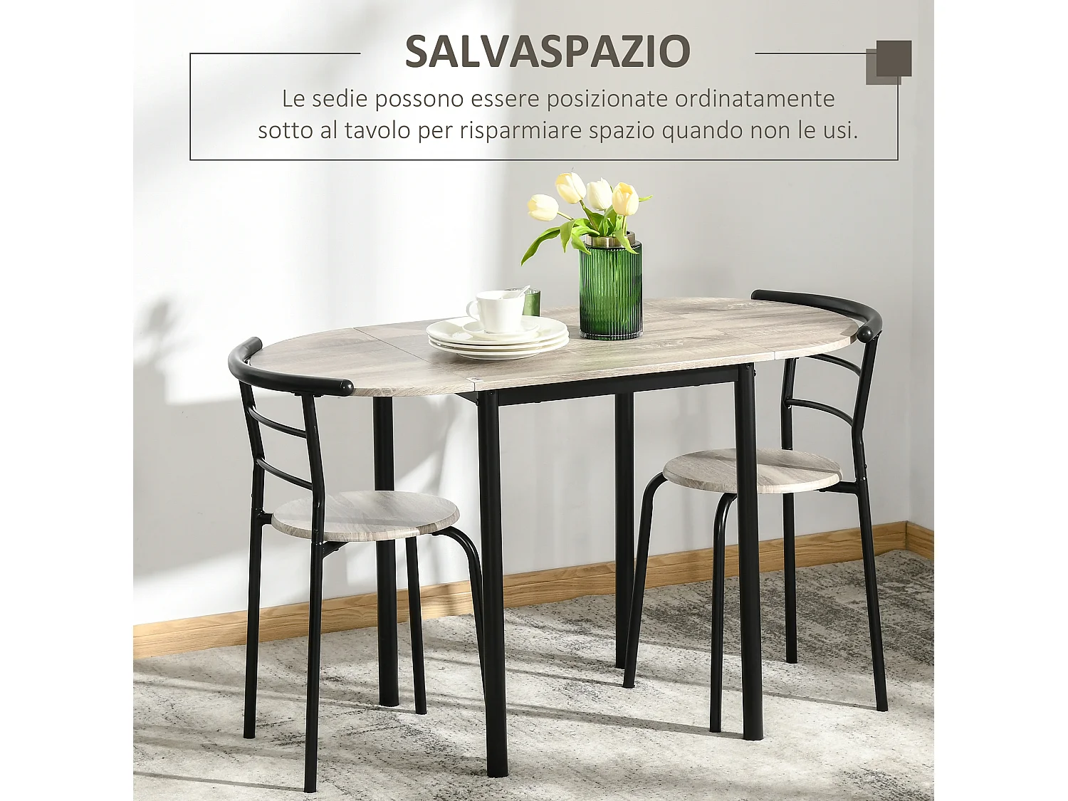 Set 3 pezzi con 2 sedie e 1 tavolo da pranzo in mdf e acciaio