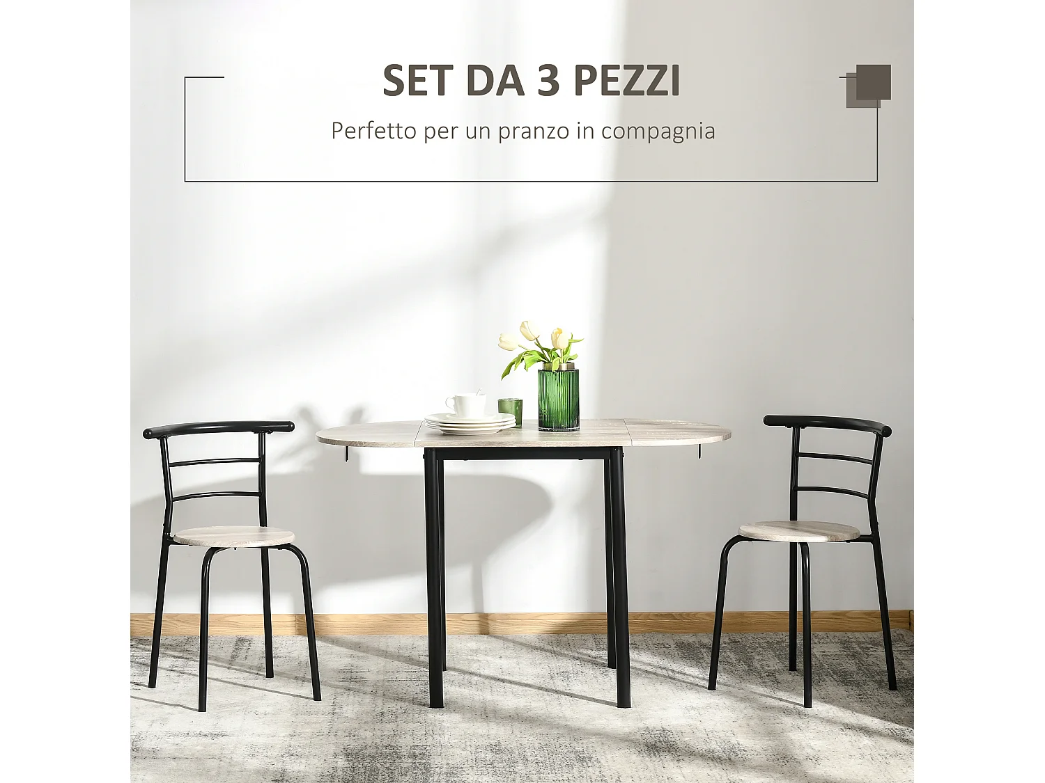 Set 3 pezzi con 2 sedie e 1 tavolo da pranzo in mdf e acciaio