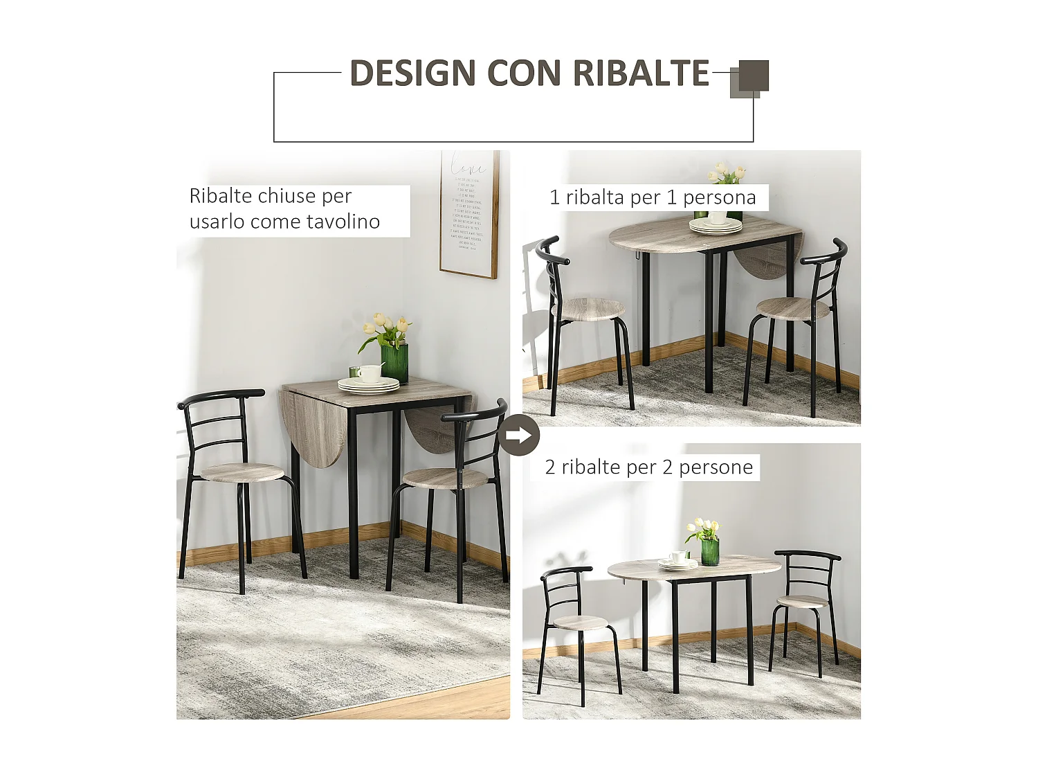 Set 3 pezzi con 2 sedie e 1 tavolo da pranzo in mdf e acciaio