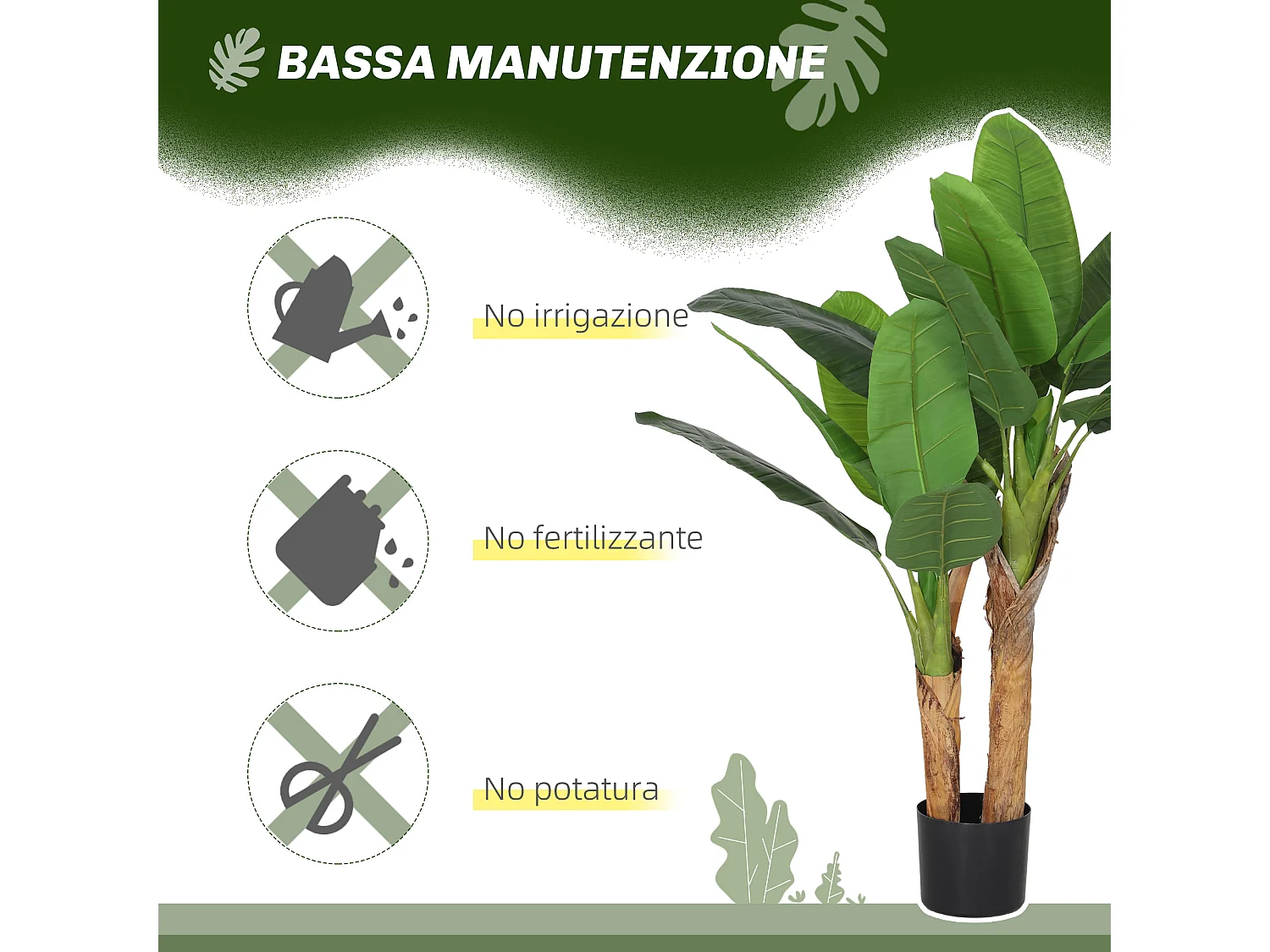 Pianta artificiale di banano alta 120 cm con vaso incluso