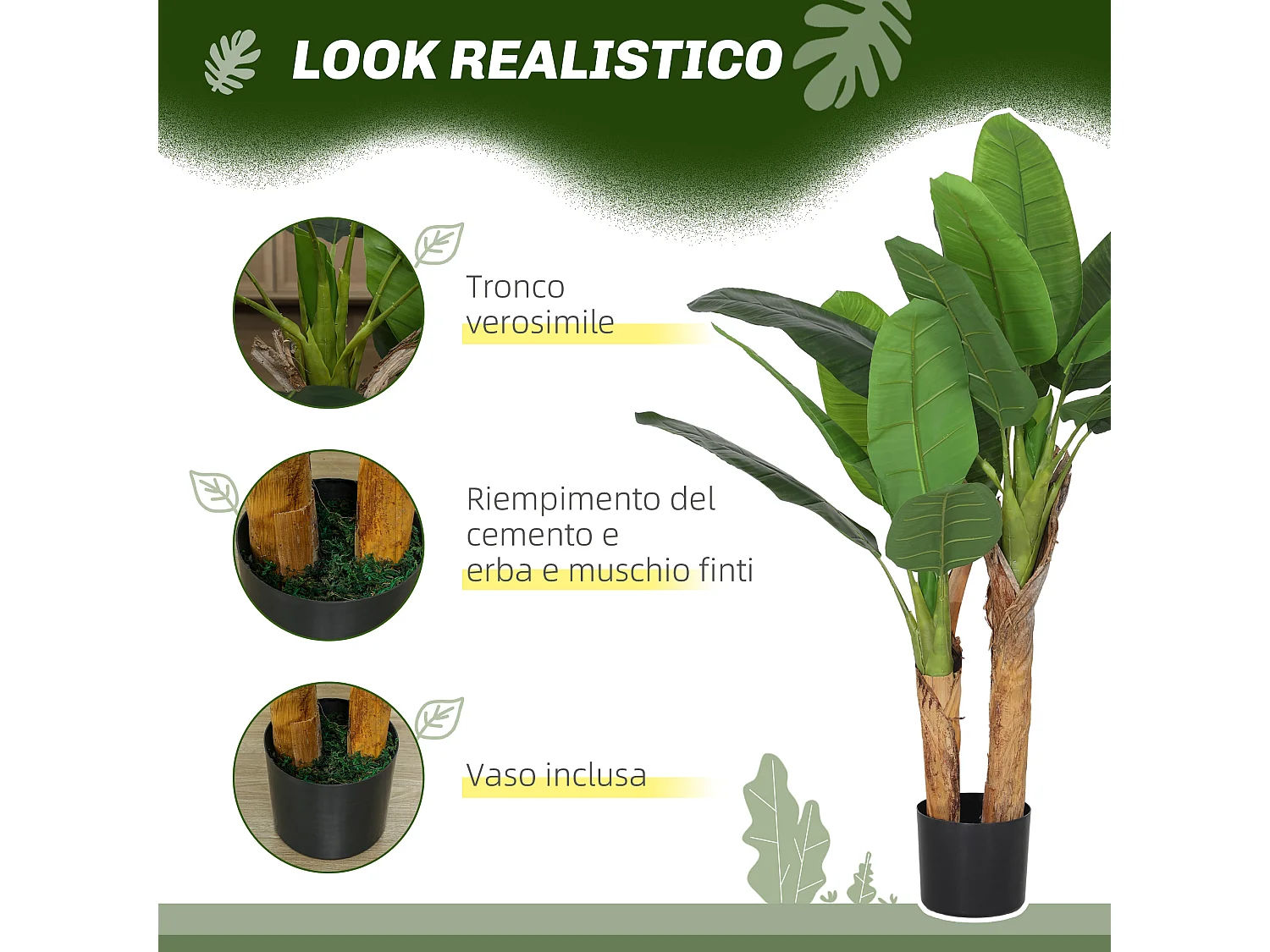 Pianta artificiale di banano alta 120 cm con vaso incluso