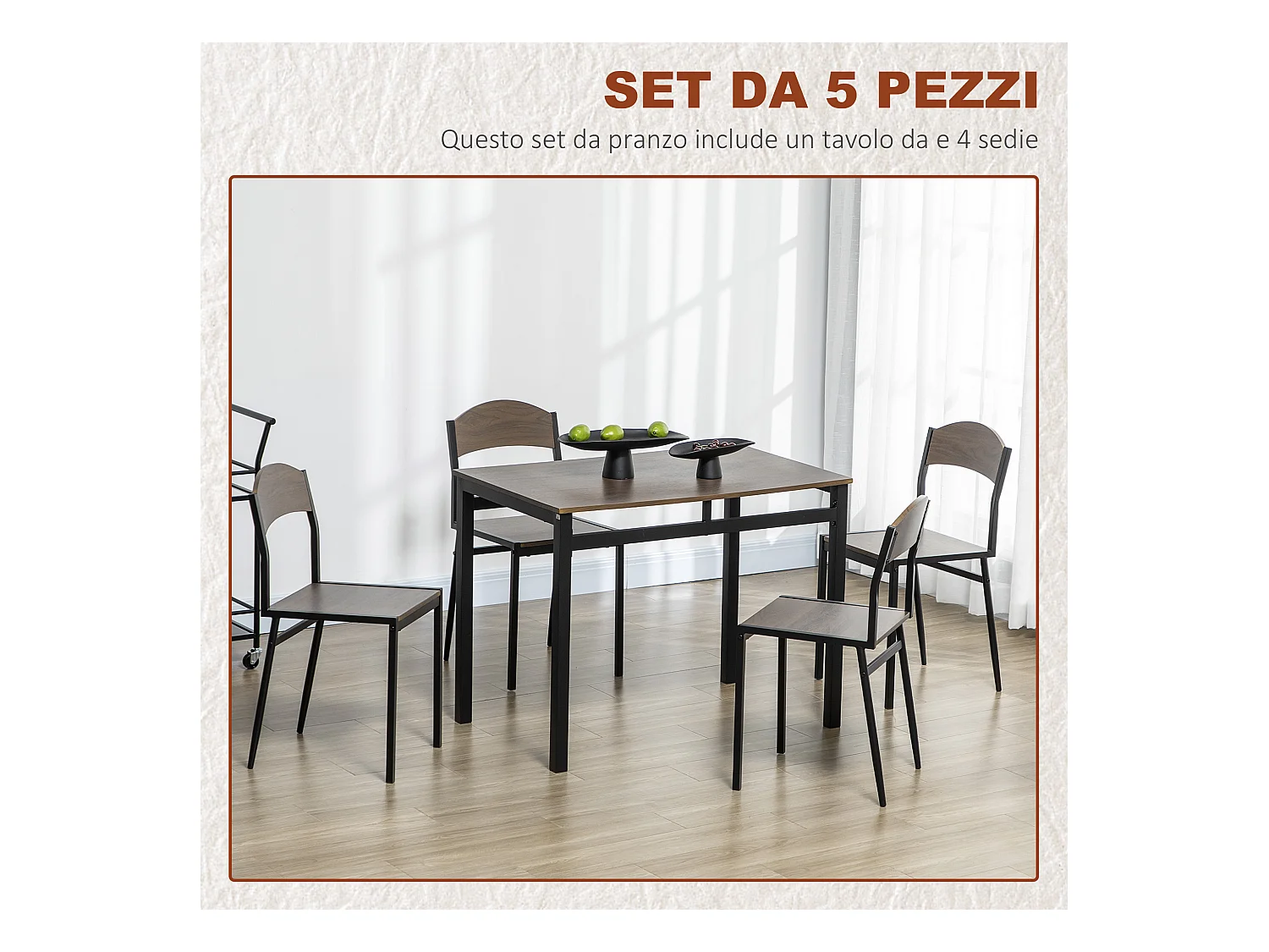 Set da pranzo 5pz 1 tavolo rettangolare 4 sedie in mdf acciaio