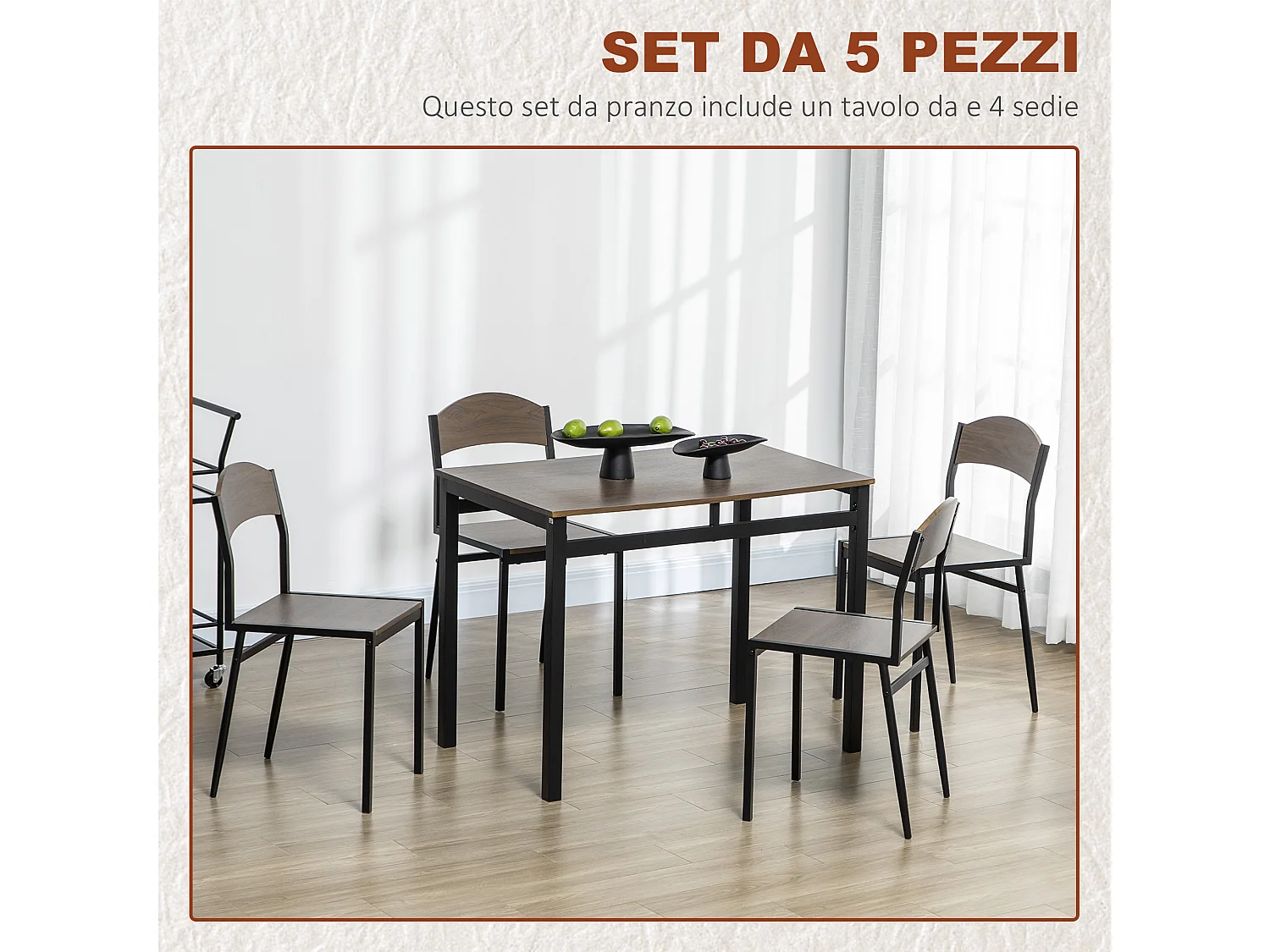 Set da pranzo 5pz 1 tavolo rettangolare 4 sedie in mdf acciaio