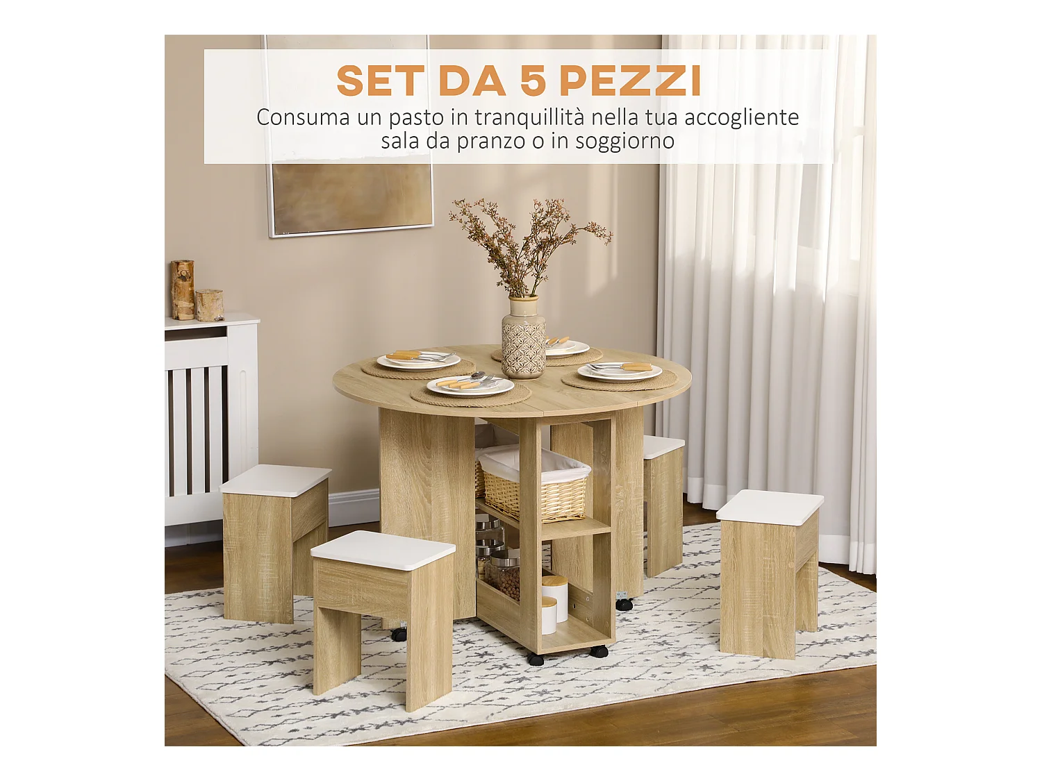 Set tavolo rotondo e sedie 5 pezzi in truciolato color rovere