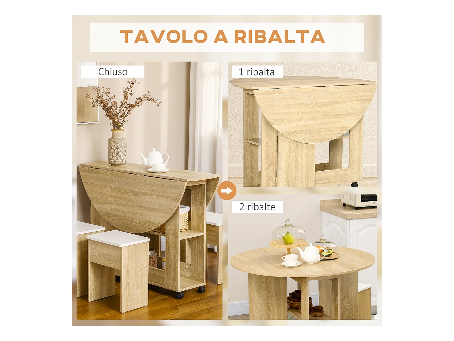 Set tavolo rotondo e sedie 5 pezzi in truciolato color rovere