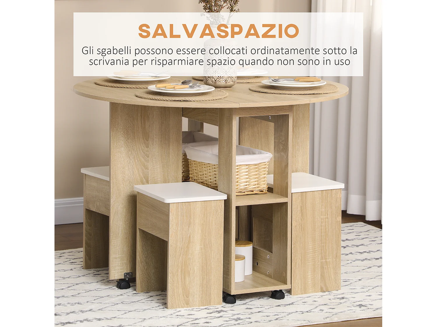 Set tavolo rotondo e sedie 5 pezzi in truciolato color rovere