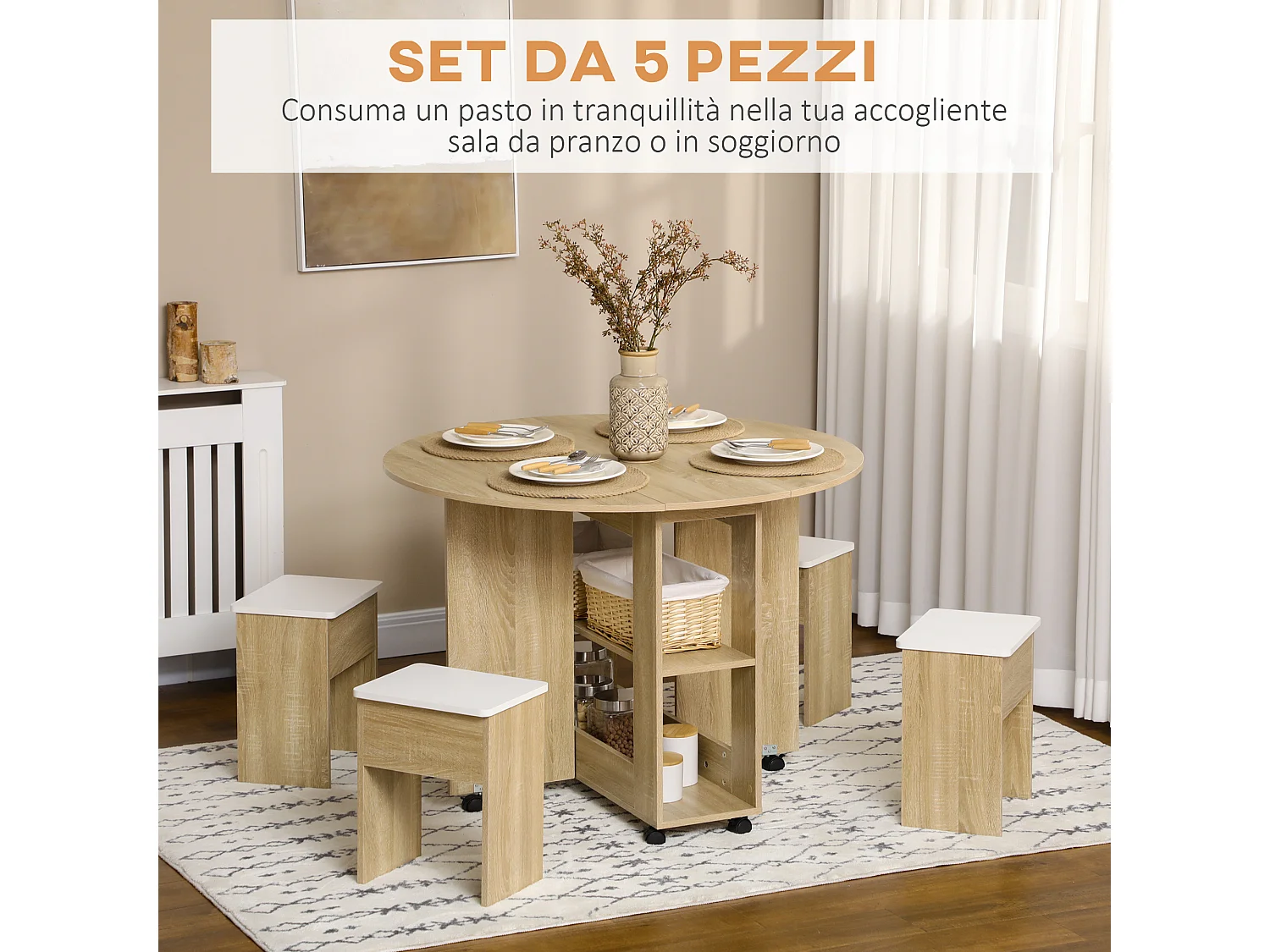 Set tavolo rotondo e sedie 5 pezzi in truciolato color rovere