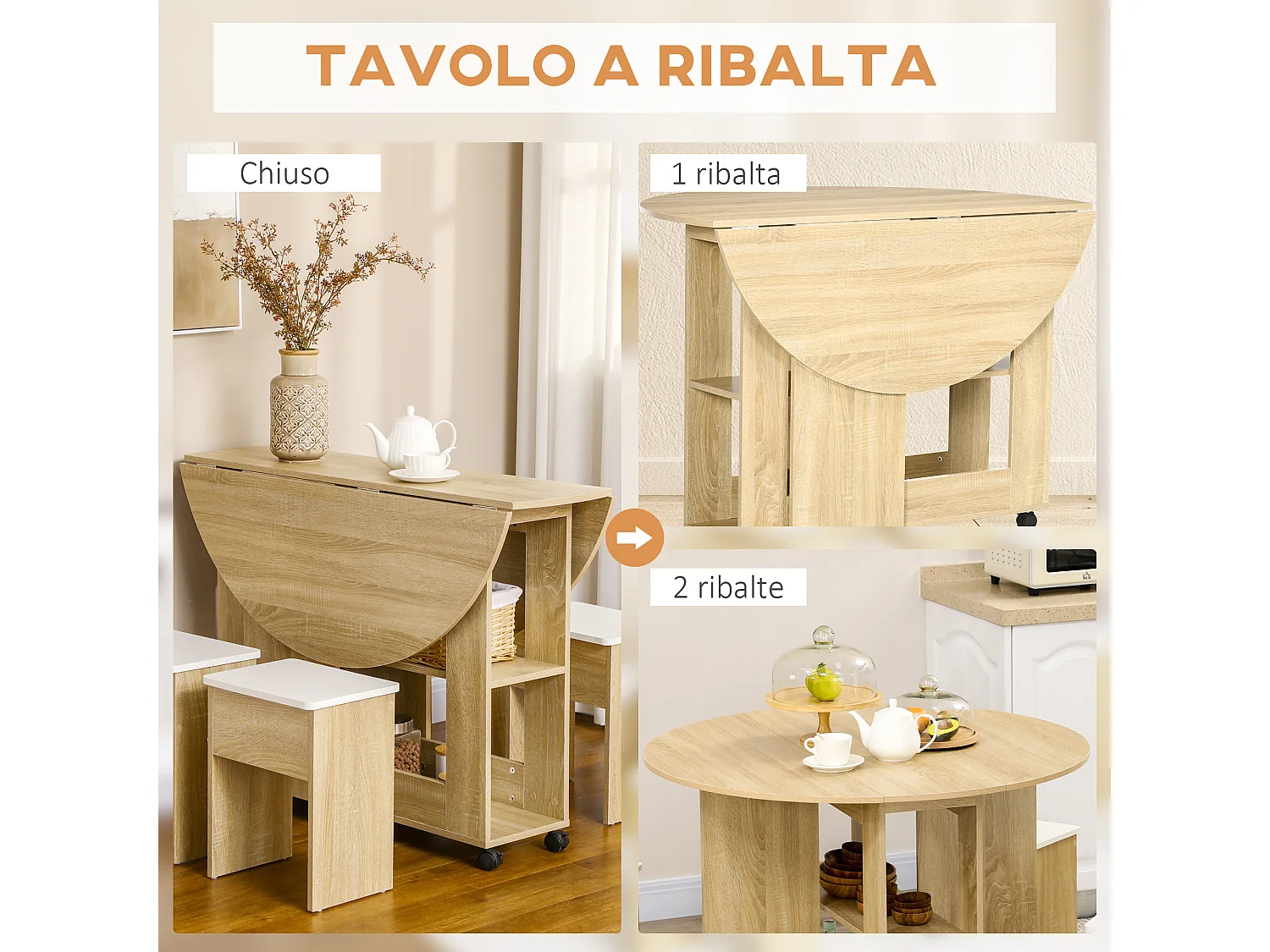 Set tavolo rotondo e sedie 5 pezzi in truciolato color rovere