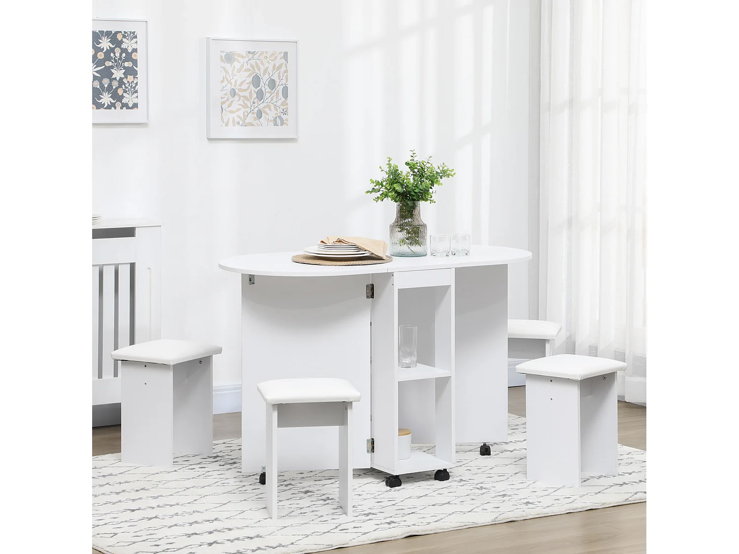 Set 5 pz tavolo pieghevole da pranzo con 2 ripiani e 4 sgabelli