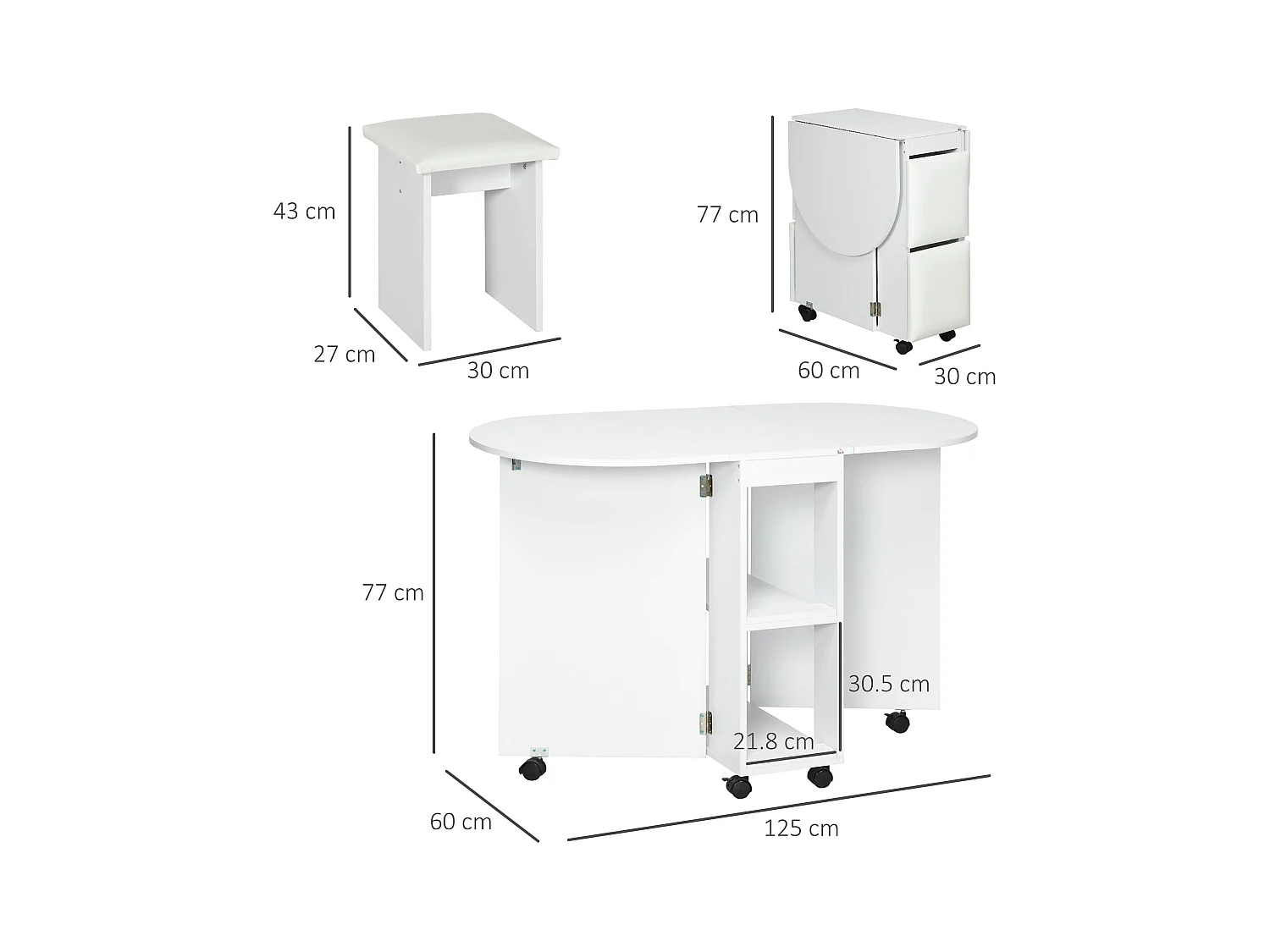 Set 5 pz tavolo pieghevole da pranzo con 2 ripiani e 4 sgabelli