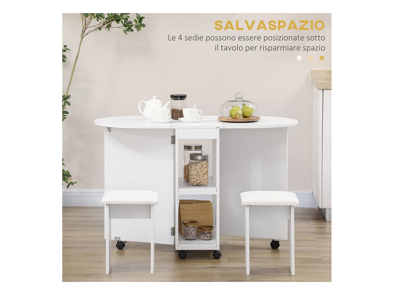 Set 5 pz tavolo pieghevole da pranzo con 2 ripiani e 4 sgabelli
