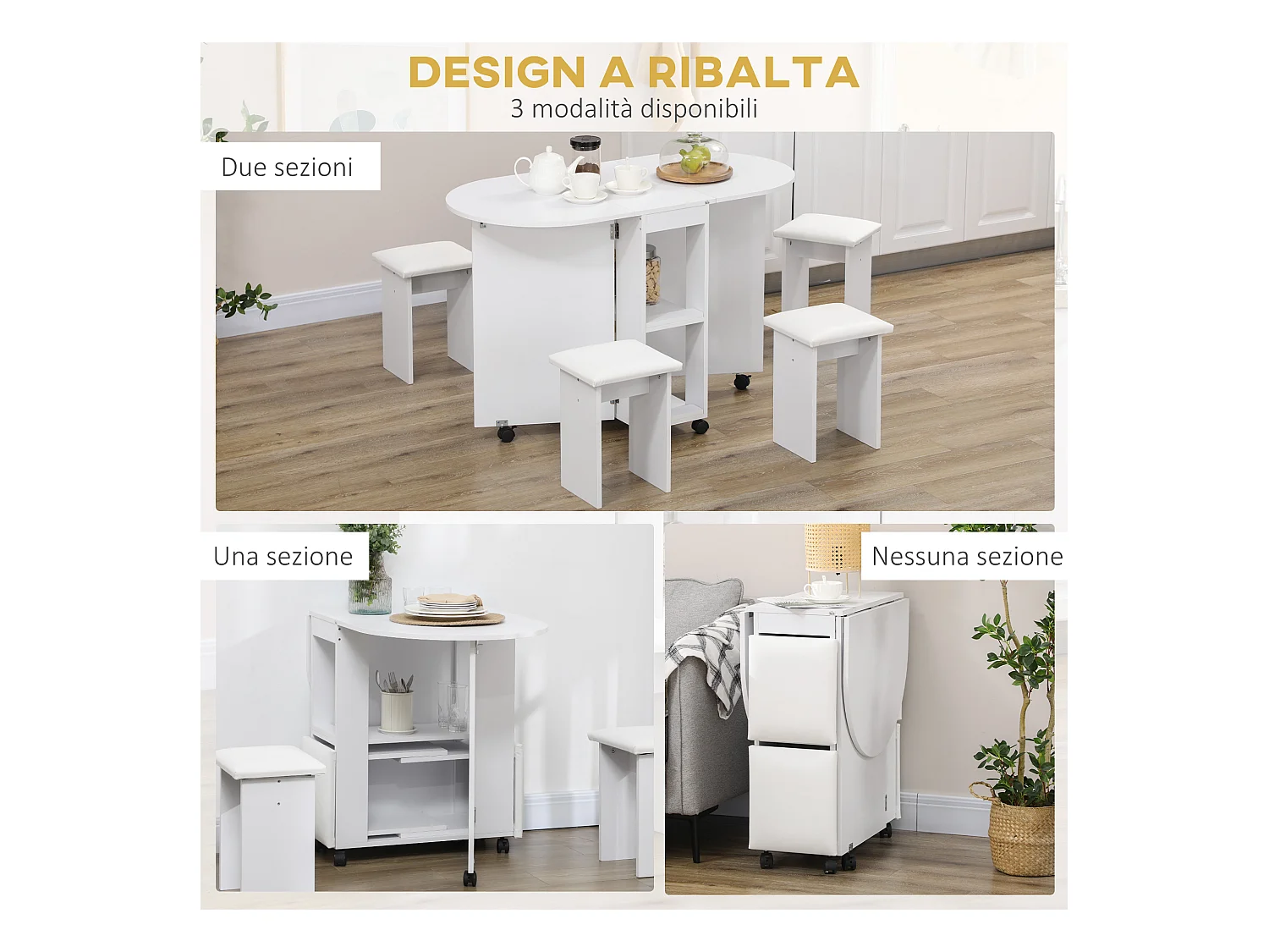 Set 5 pz tavolo pieghevole da pranzo con 2 ripiani e 4 sgabelli