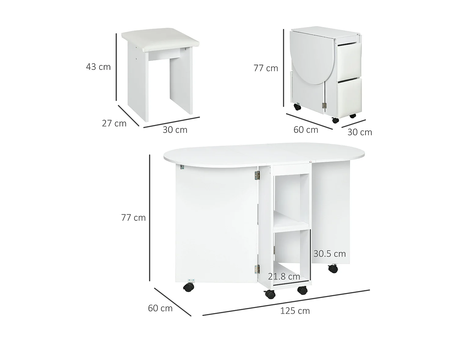 Set 5 pz tavolo pieghevole da pranzo con 2 ripiani e 4 sgabelli