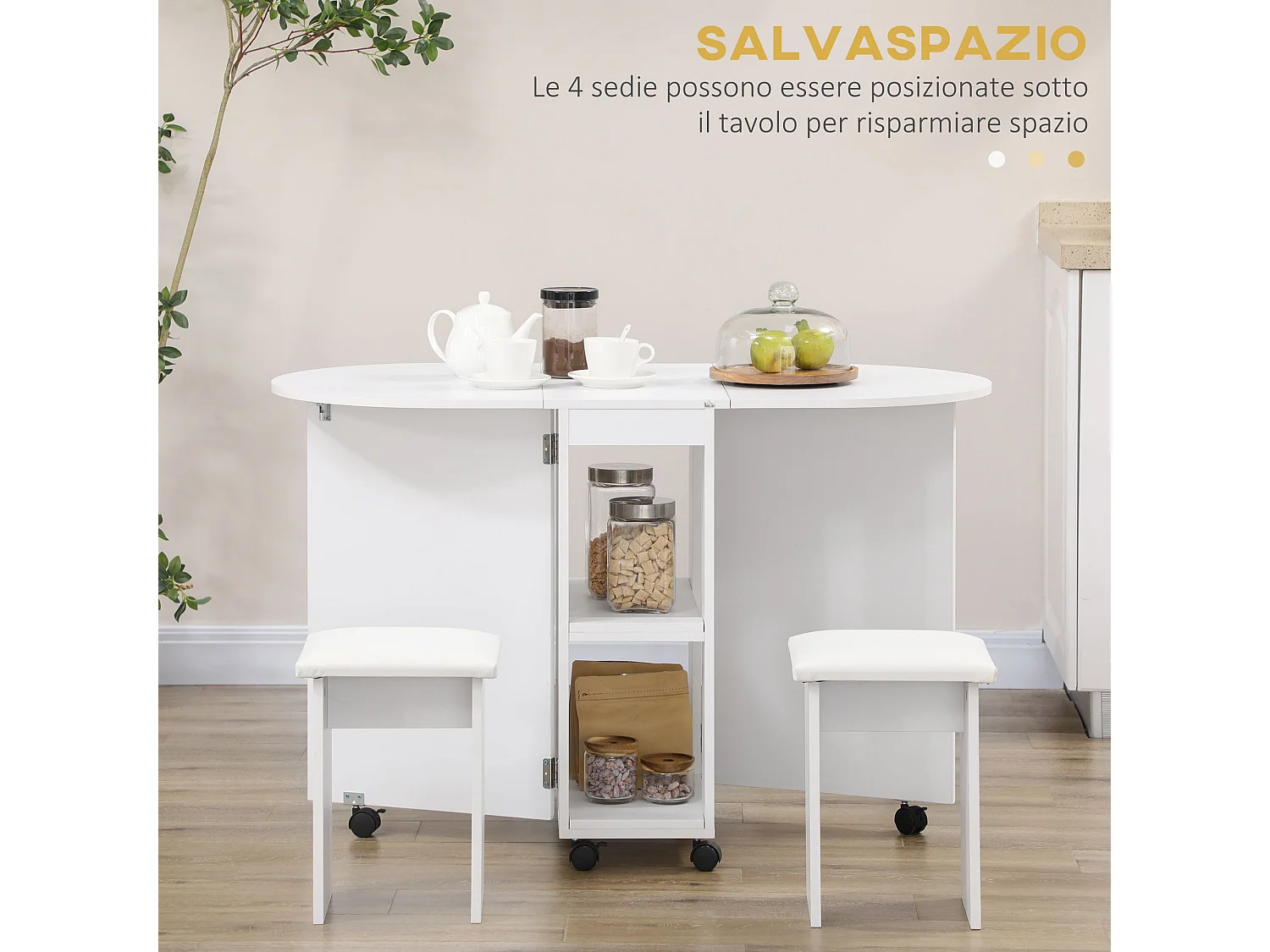 Set 5 pz tavolo pieghevole da pranzo con 2 ripiani e 4 sgabelli