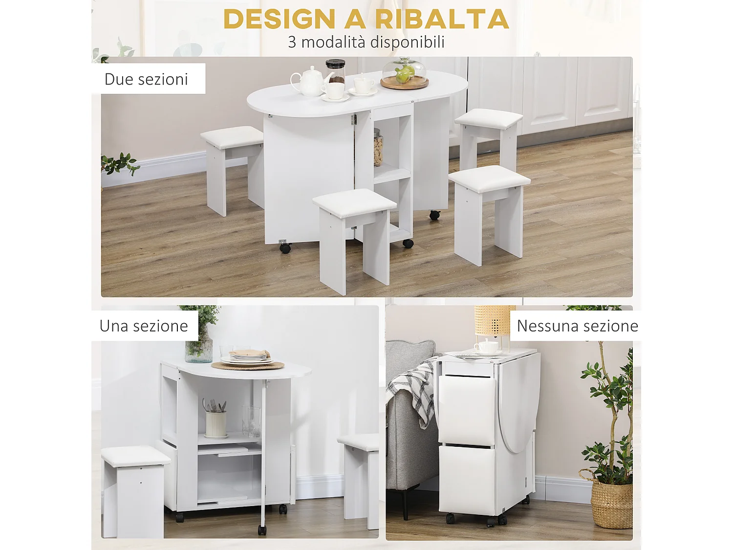 Set 5 pz tavolo pieghevole da pranzo con 2 ripiani e 4 sgabelli