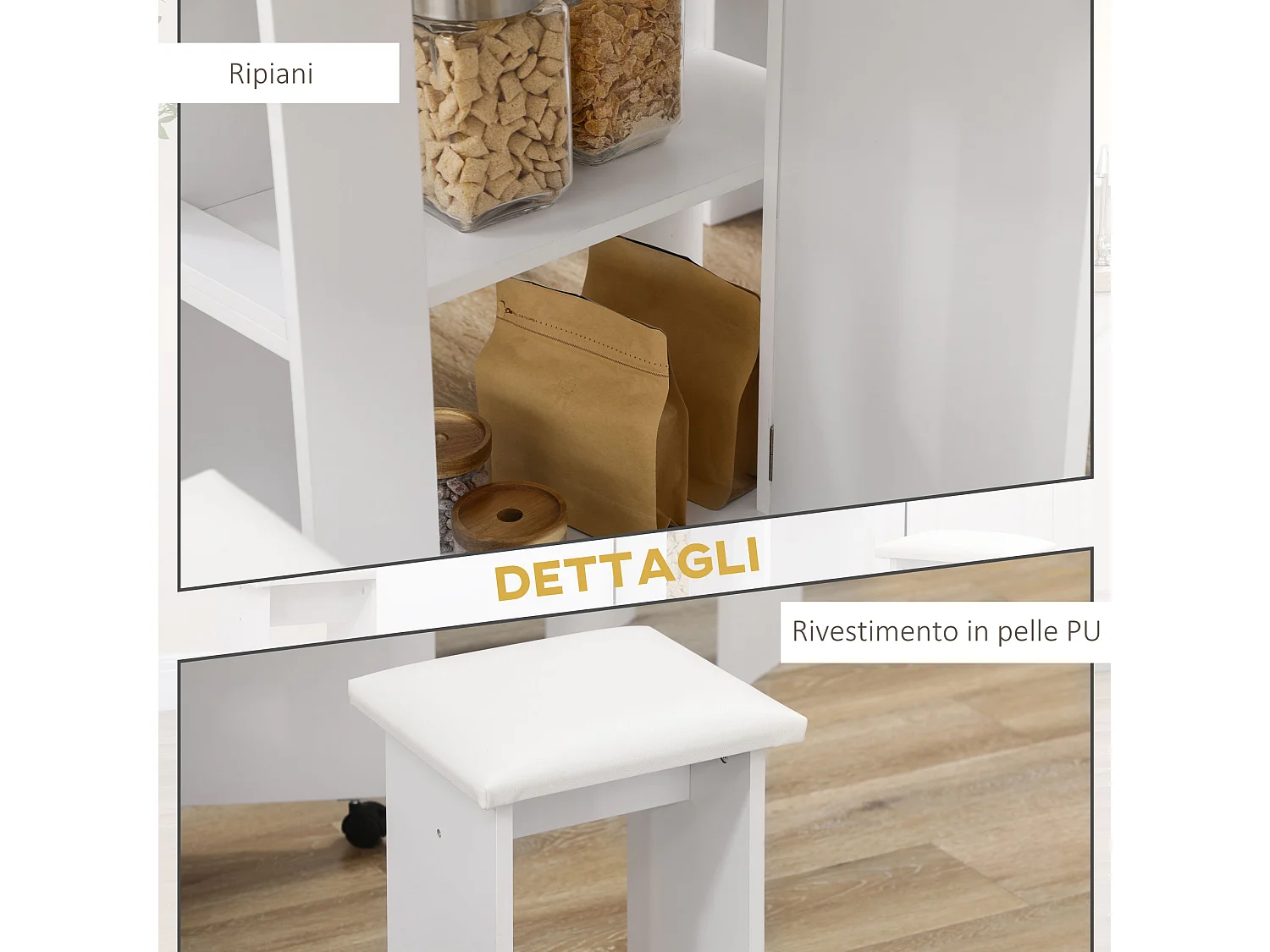 Set 5 pz tavolo pieghevole da pranzo con 2 ripiani e 4 sgabelli