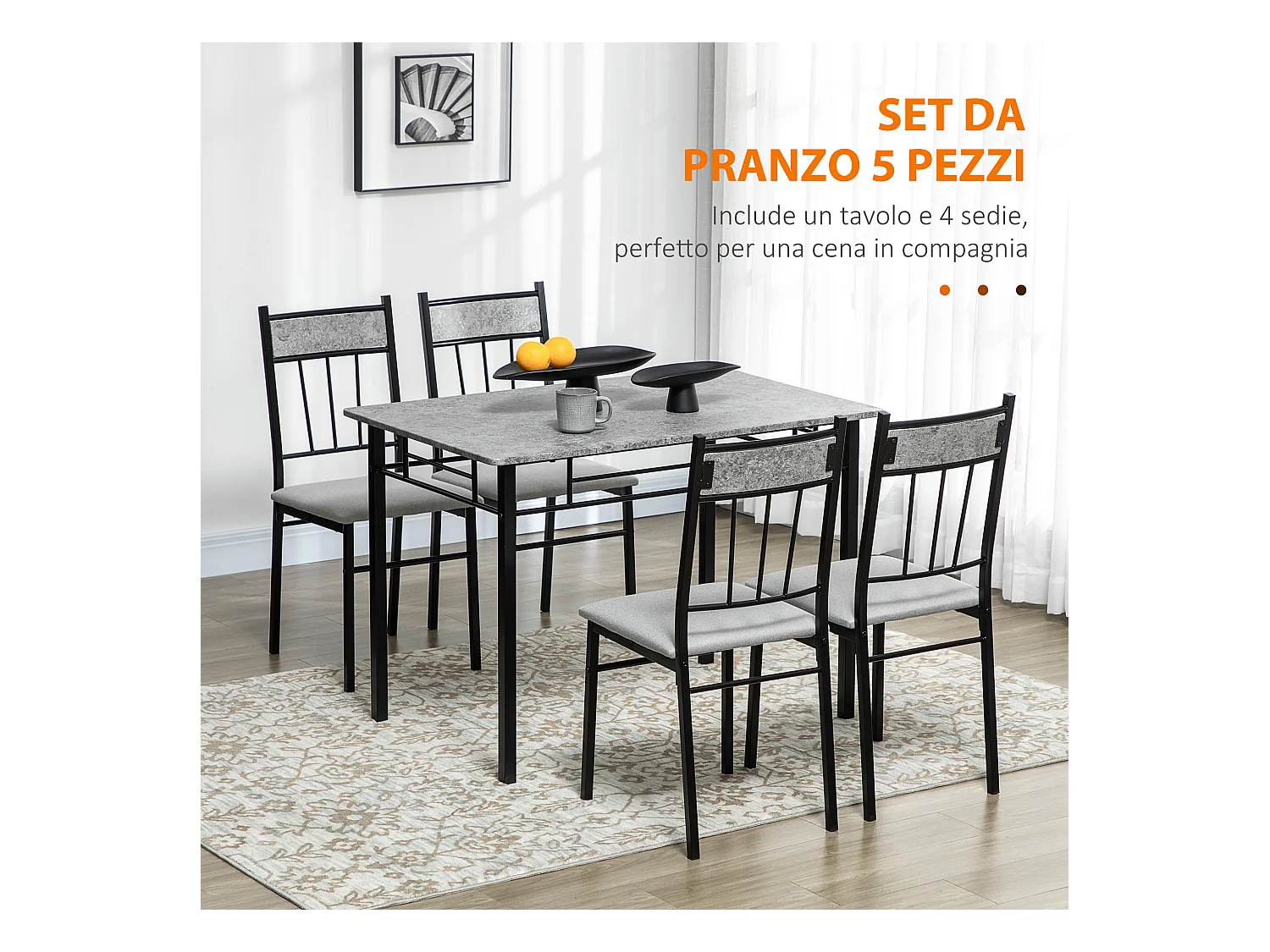 Set tavolo rettangolare 4 sedie da pranzo con seduta imbottita