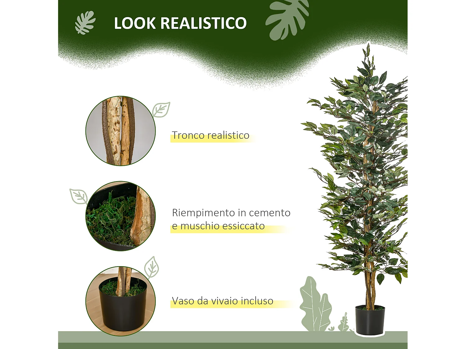 Pianta finta di ficus alta 150cm per interno ed esterno con vaso