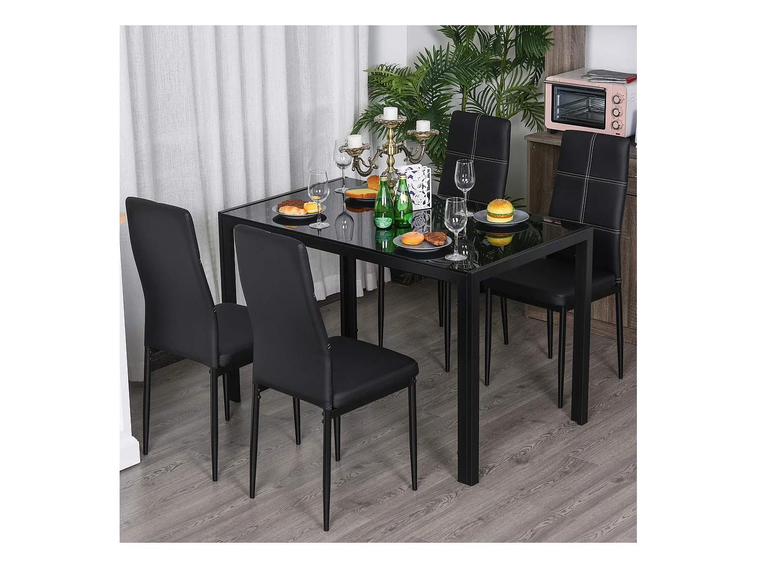 Set 5 Pezzi da Pranzo in Similpelle Metallo e Vetro Nero