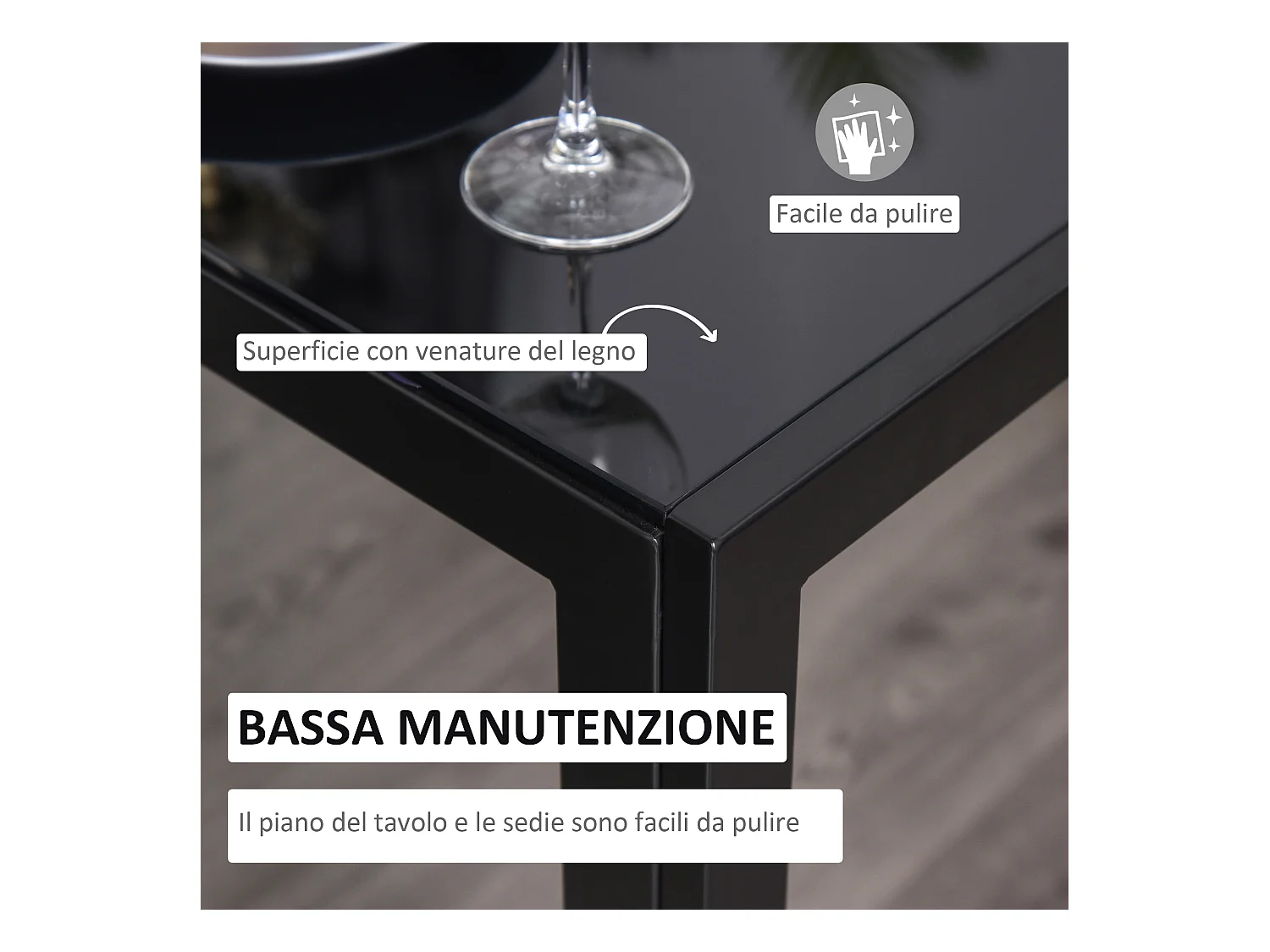 Set 5 Pezzi da Pranzo in Similpelle Metallo e Vetro Nero