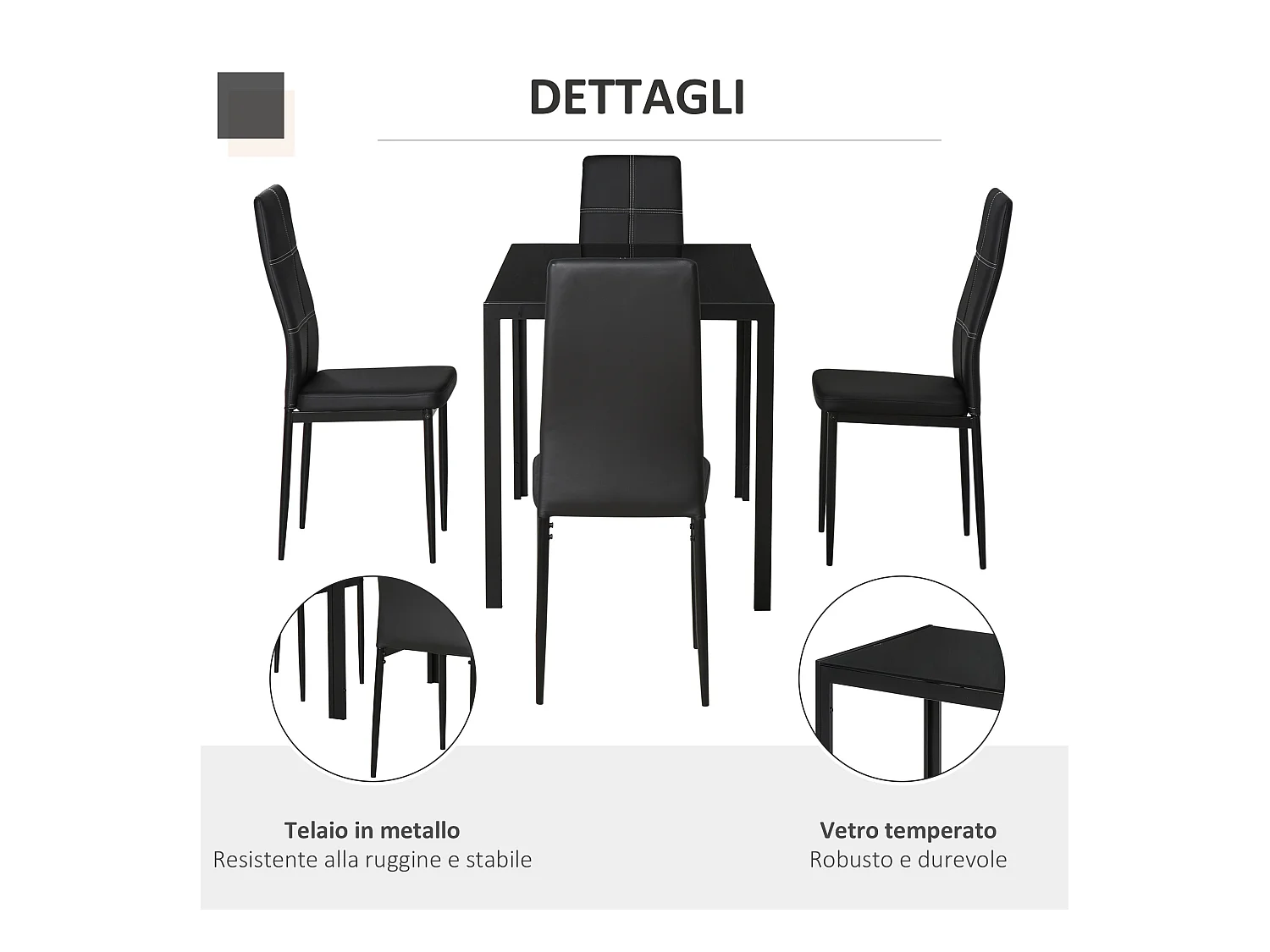 Set 5 Pezzi da Pranzo in Similpelle Metallo e Vetro Nero