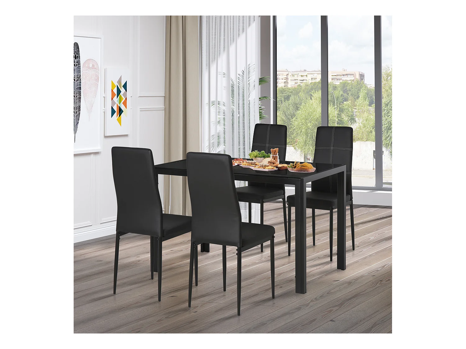 Set 5 Pezzi da Pranzo in Similpelle Metallo e Vetro Nero