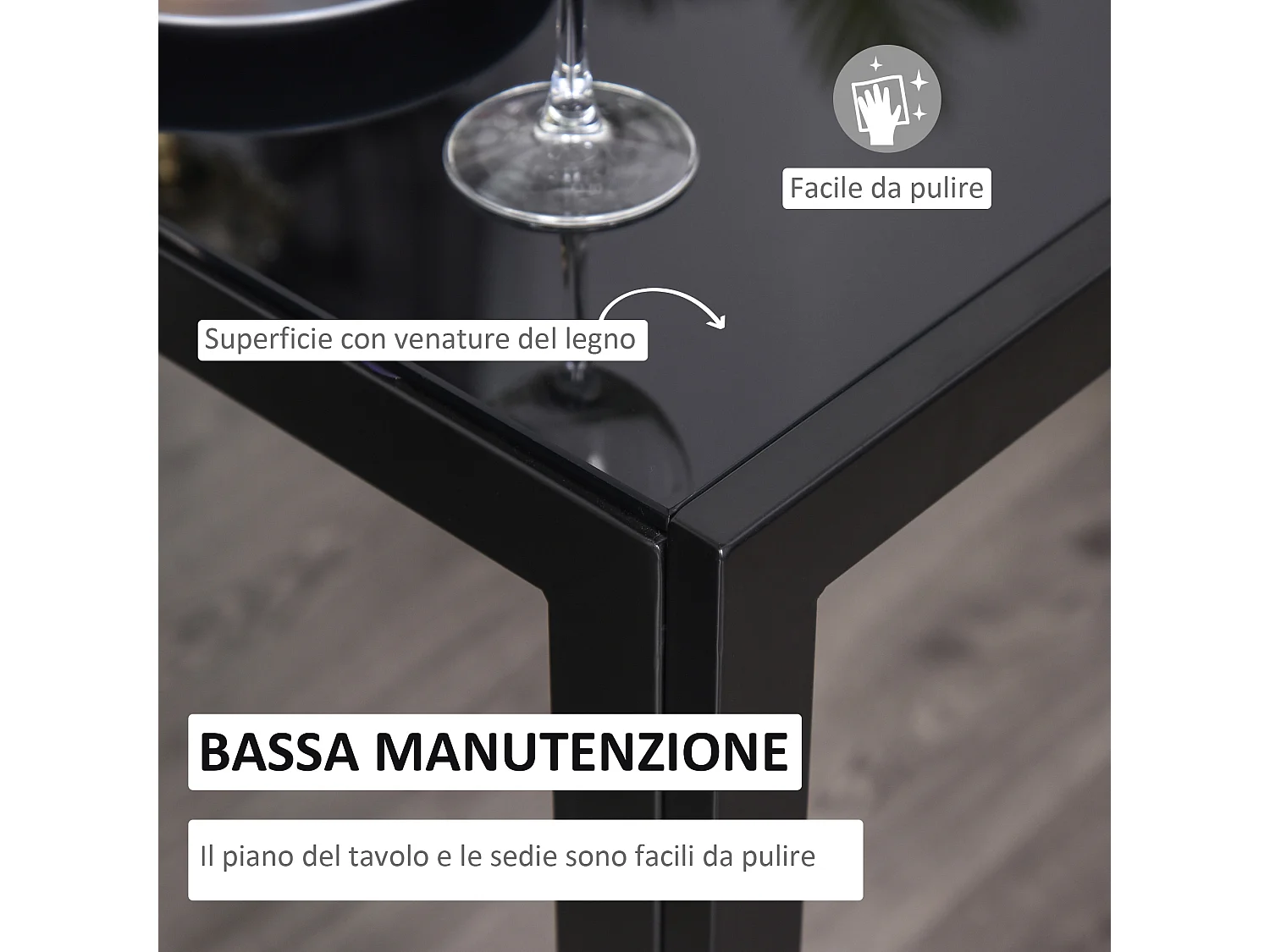 Set 5 Pezzi da Pranzo in Similpelle Metallo e Vetro Nero