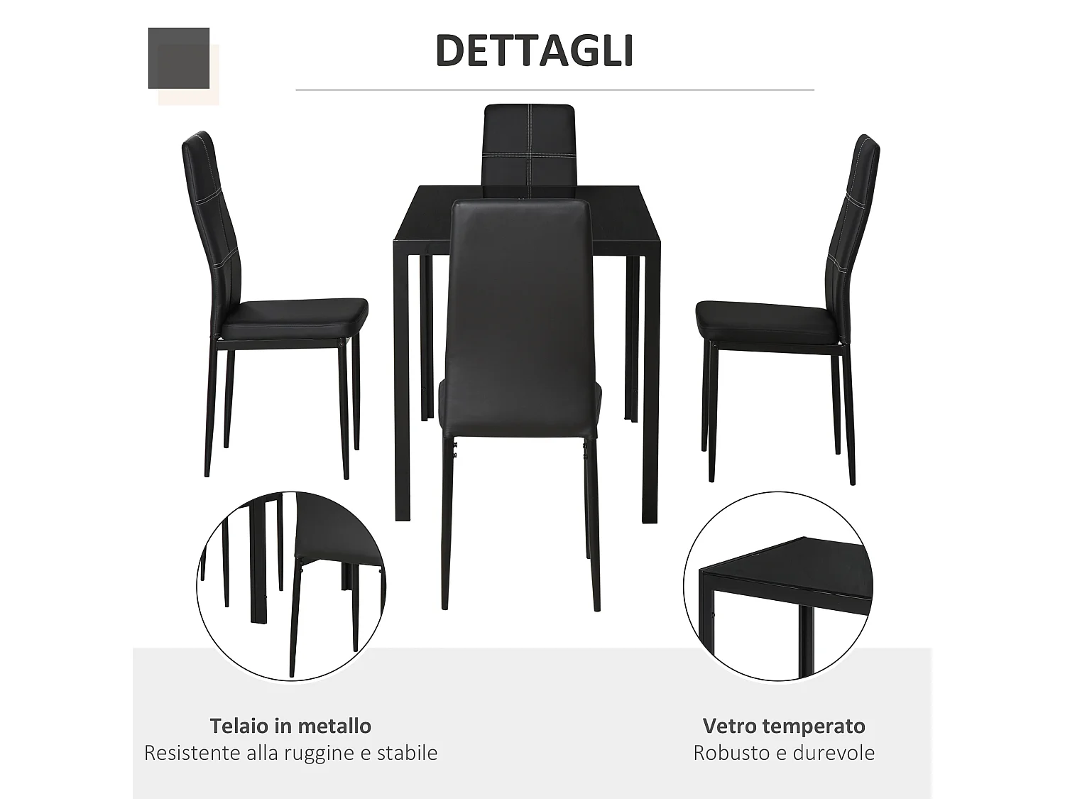 Set 5 Pezzi da Pranzo in Similpelle Metallo e Vetro Nero