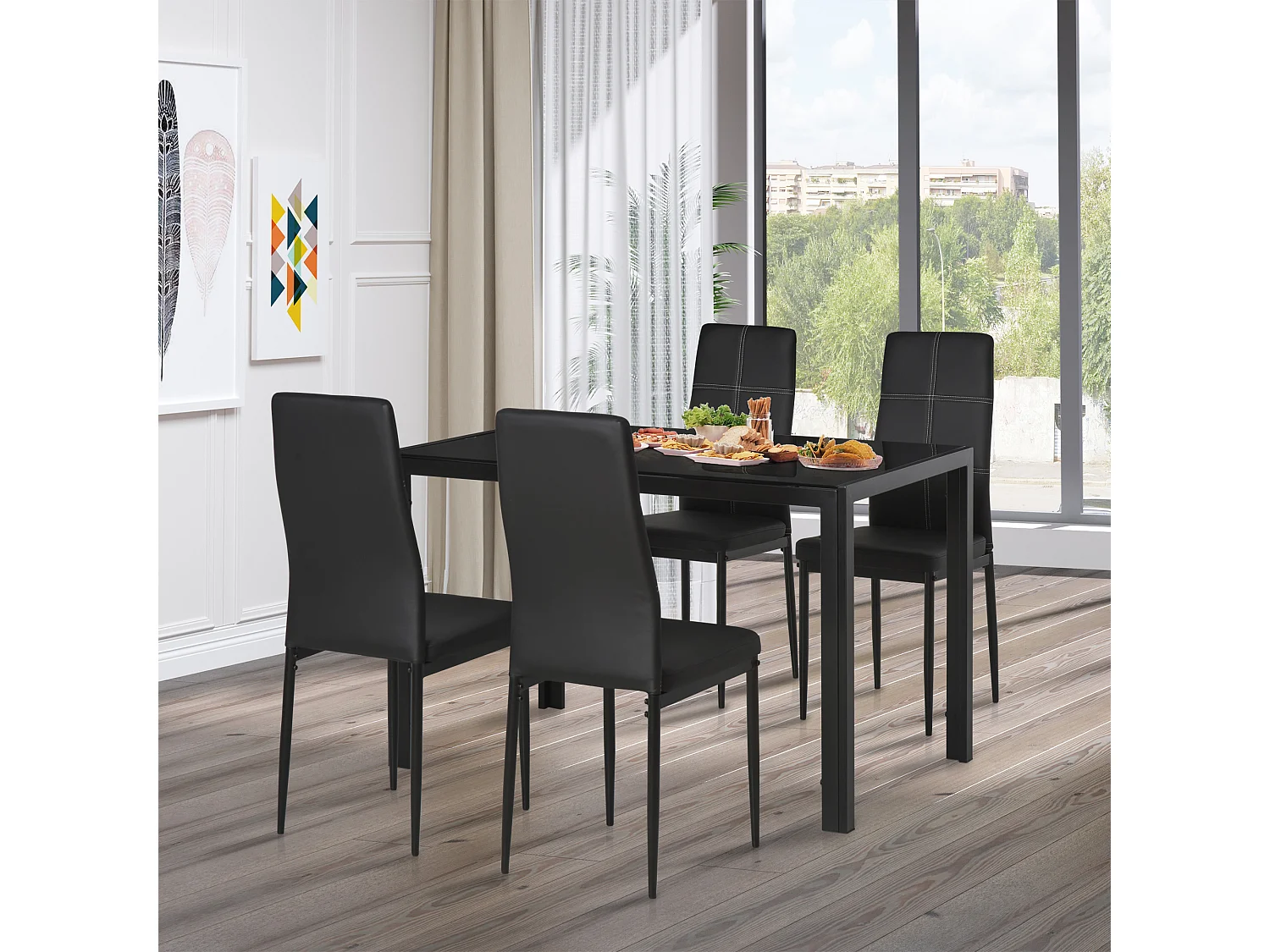 Set 5 Pezzi da Pranzo in Similpelle Metallo e Vetro Nero