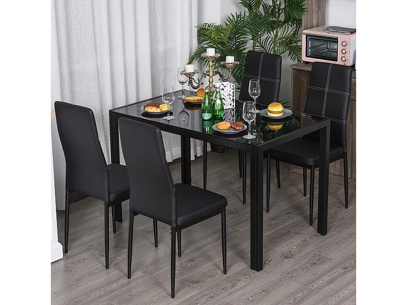 Set 5 Pezzi da Pranzo in Similpelle Metallo e Vetro Nero