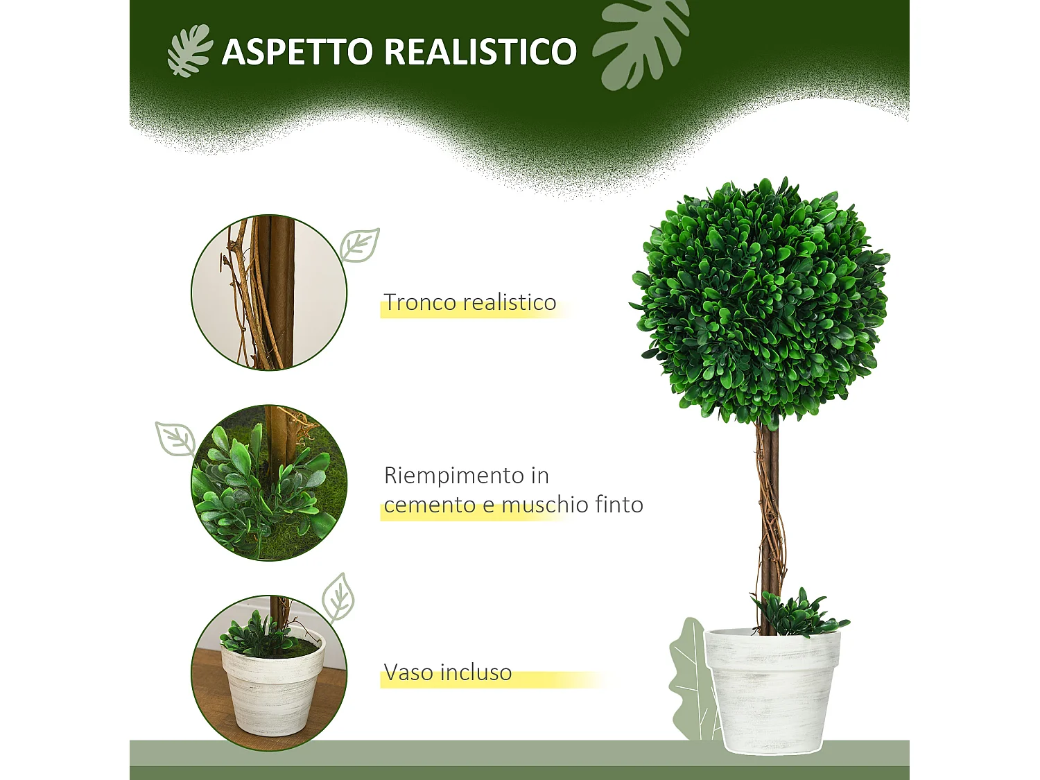 Set 2 piante artificiali alberi di bosso con vaso ø28x60cm e muschio