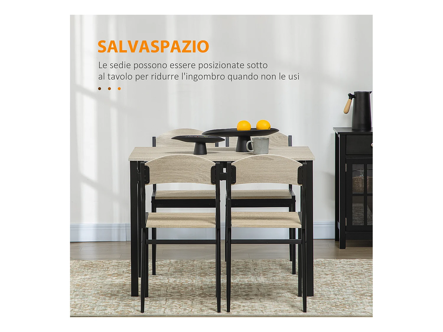 Set da pranzo con tavolo rettangolare e 4 sedie in mdf acciaio