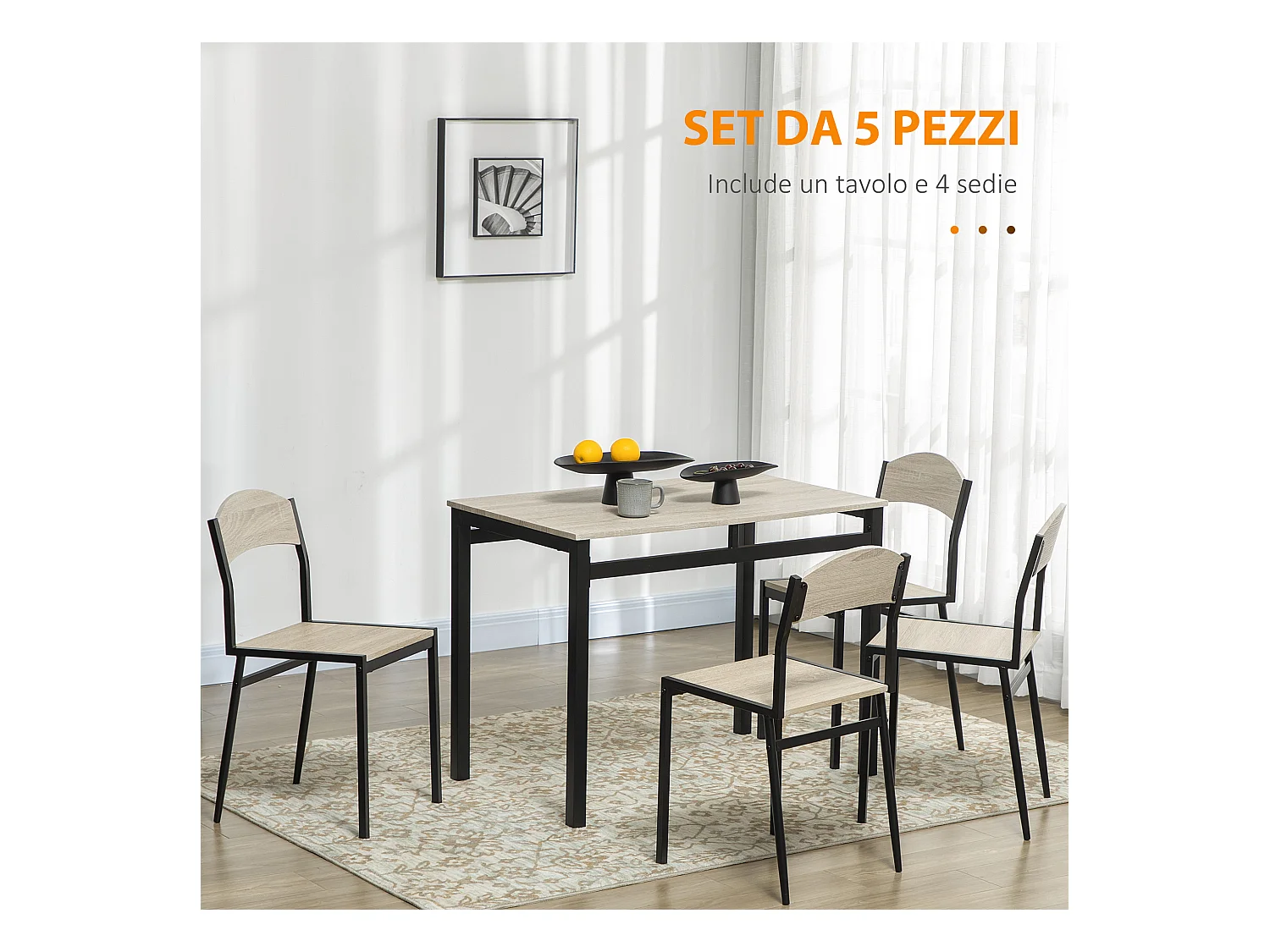 Set da pranzo con tavolo rettangolare e 4 sedie in mdf acciaio