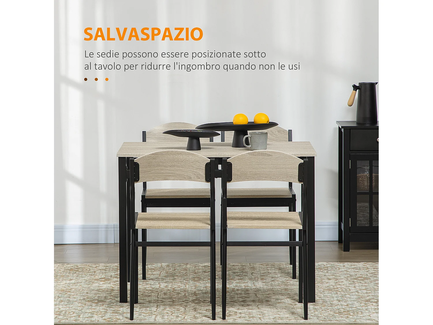 Set da pranzo con tavolo rettangolare e 4 sedie in mdf acciaio