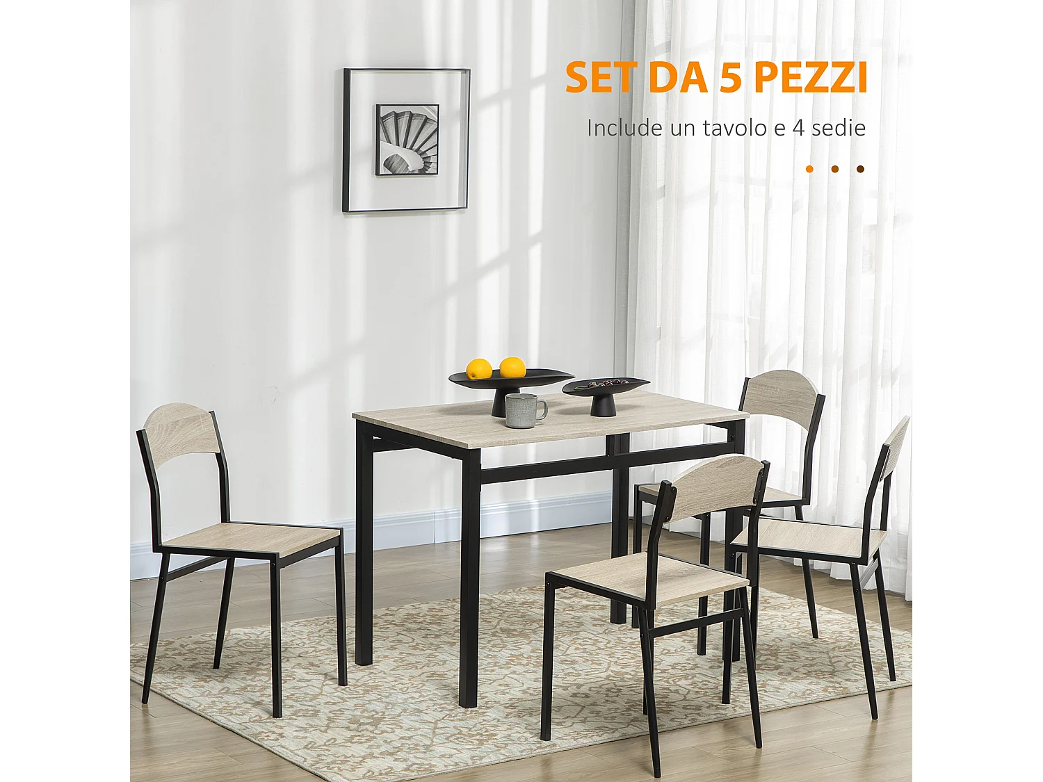 Set da pranzo con tavolo rettangolare e 4 sedie in mdf acciaio