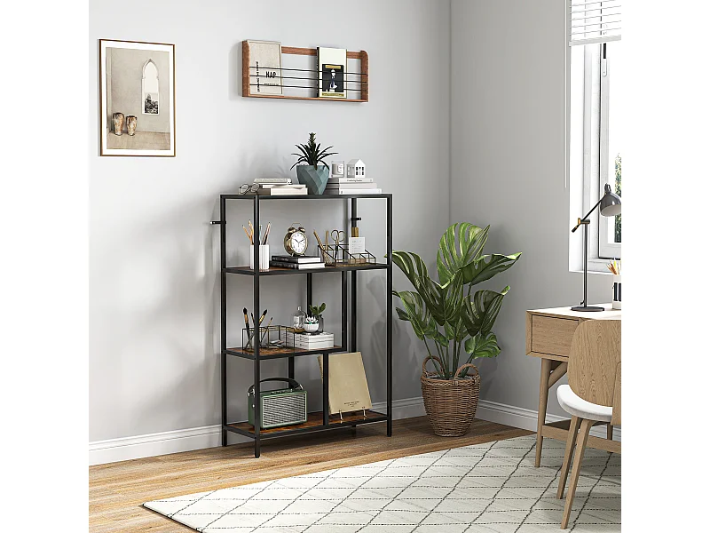 Libreria 4 ripiani stile industriale in legno e metallo marrone